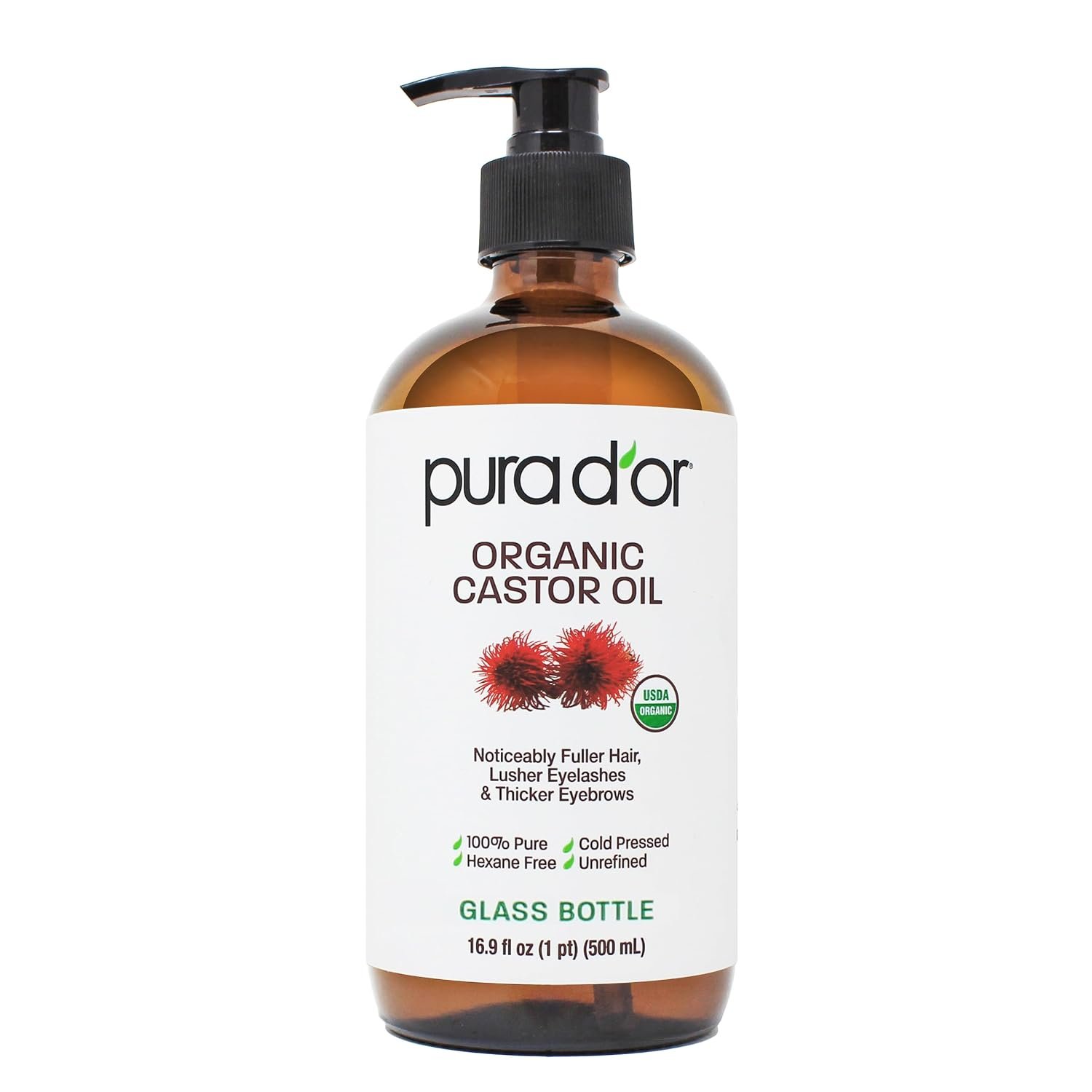 PURA D’OR ORGANIC Castor Oil (GLASS BOTTLE) Pure Cold-Pressed, 16.9oz
