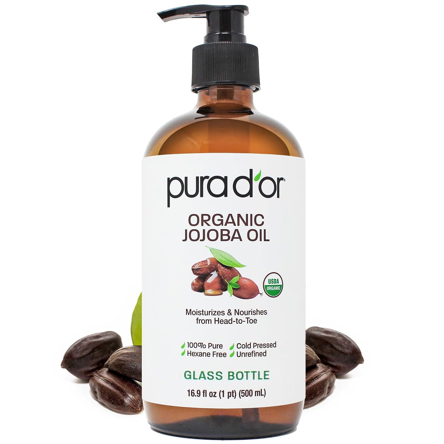 PURA D’OR ORGANIC Jojoba Oil (GLASS BOTTLE) Pure Cold-Pressed, 16.9oz