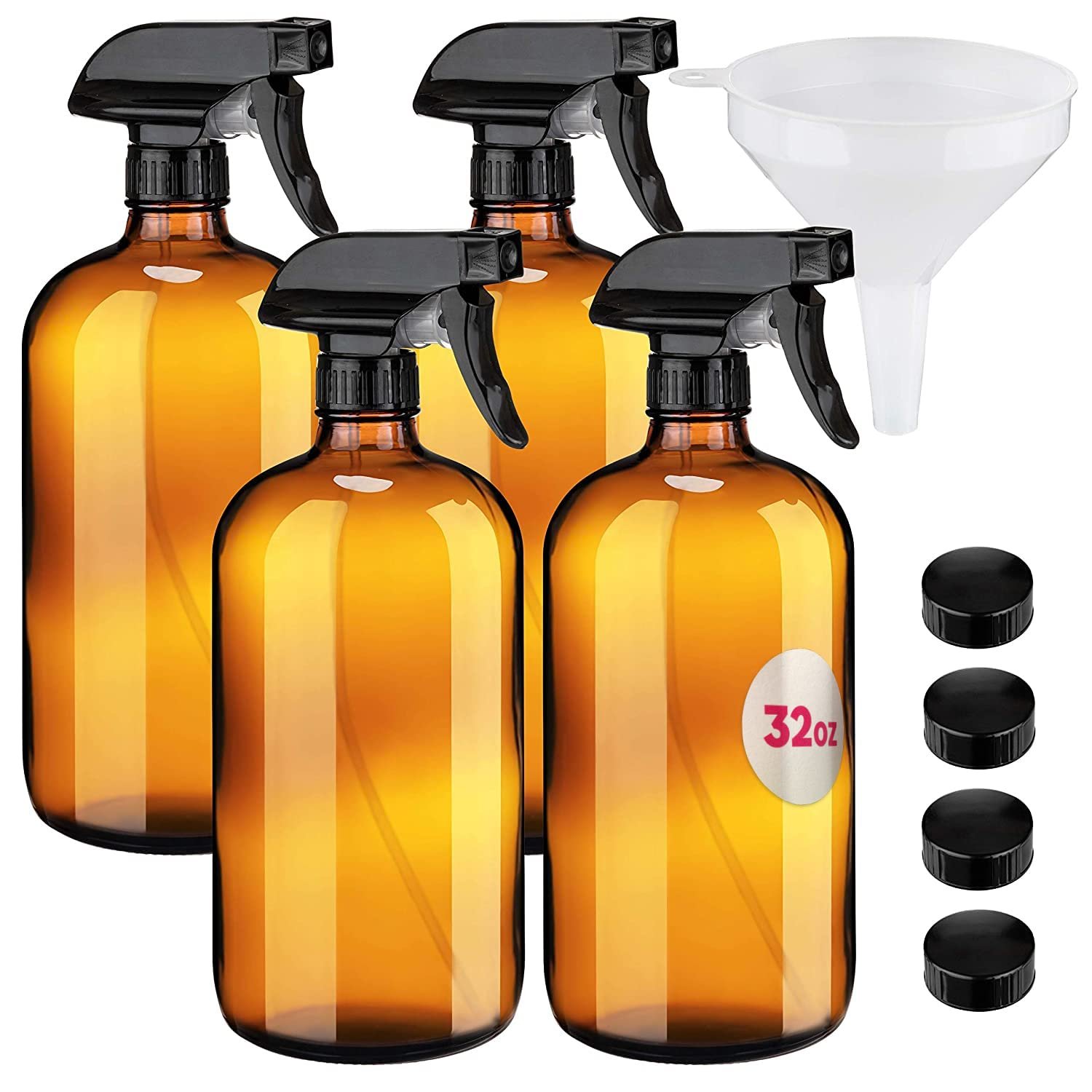 Large 32oz Amber Glass Spray Bottles with Funnel – Refillable Trigger Sprayer Containers for Oils, Cleaning Products, Plant Misting, Cooking, Hair, and Beauty. Includes 4 Bottles and 1 Funnel.