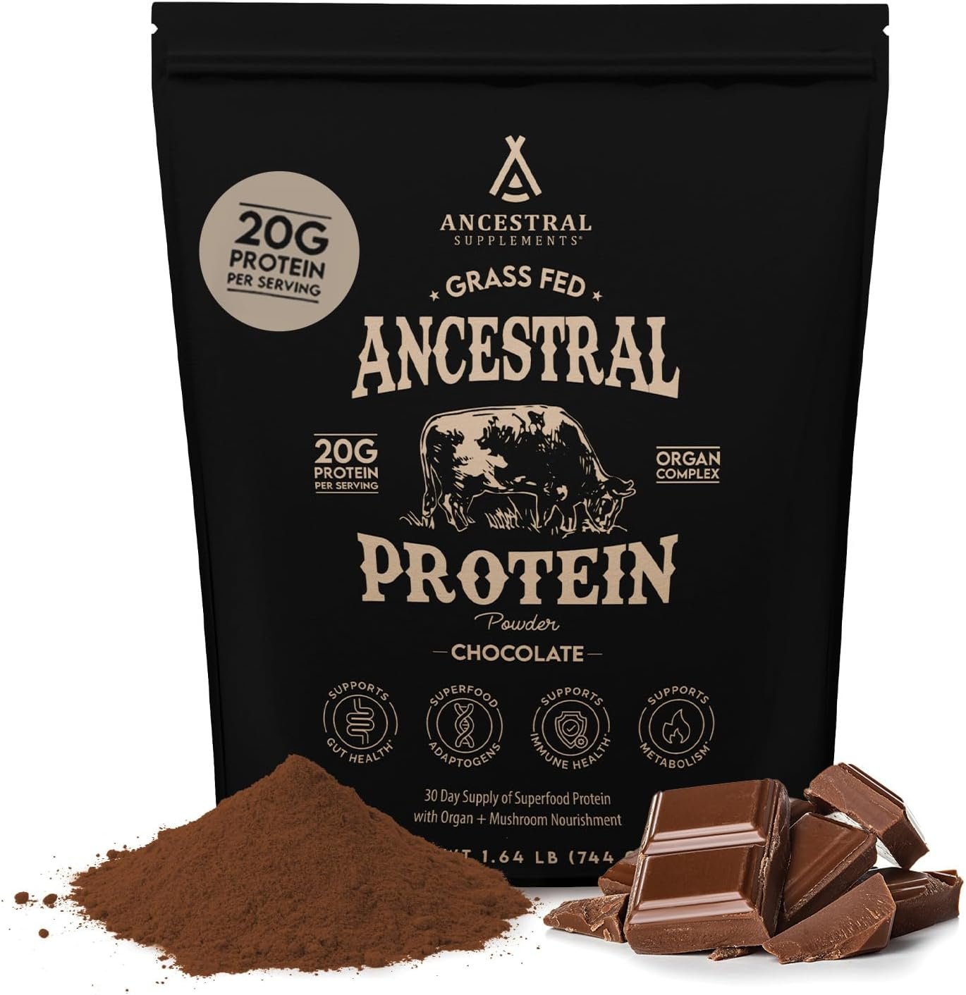 Ancestral Supplements Bone Broth Protein Powder, Chocolate, 30 Servings