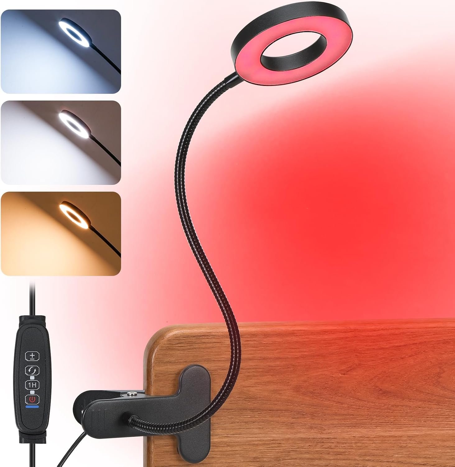 Clip On Reading Light for Bed, 670nm Red Light Lamp with 3 White Colors, 360° Gooseneck, Heavy-Duty Clip for Headboard/Table, Dimmable, Timer, Portable Red Book Light for Night, Plug-In Red Led Light