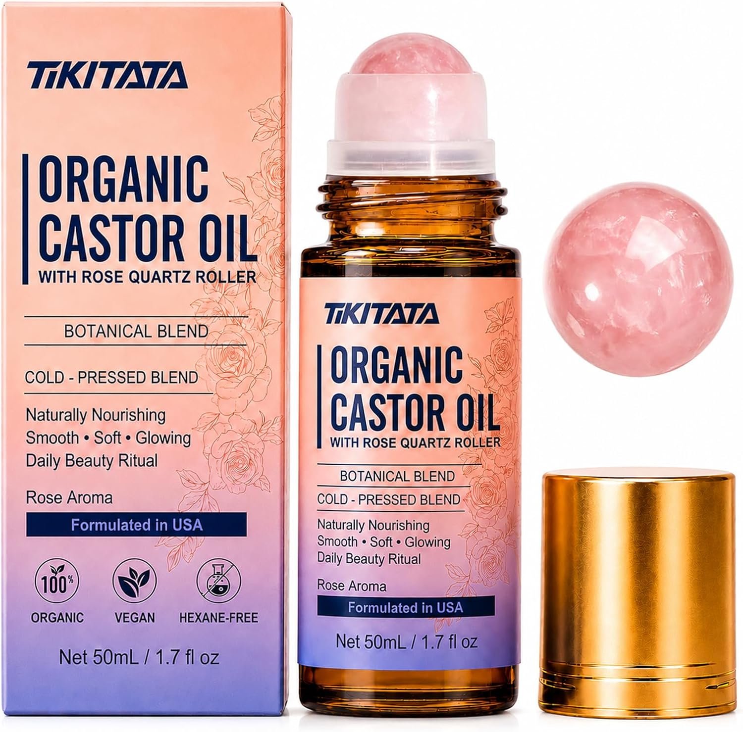 Organic Castor Oil Rose Quartz Roller Ball, 100% Cold Pressed Hexane Free Castor Oil Roll On, Castor Oil Organic Cold Pressed for Facial Skin Care, Fine Lines, Wrinkles & Under Eye Puffiness,1.7 Fl Oz