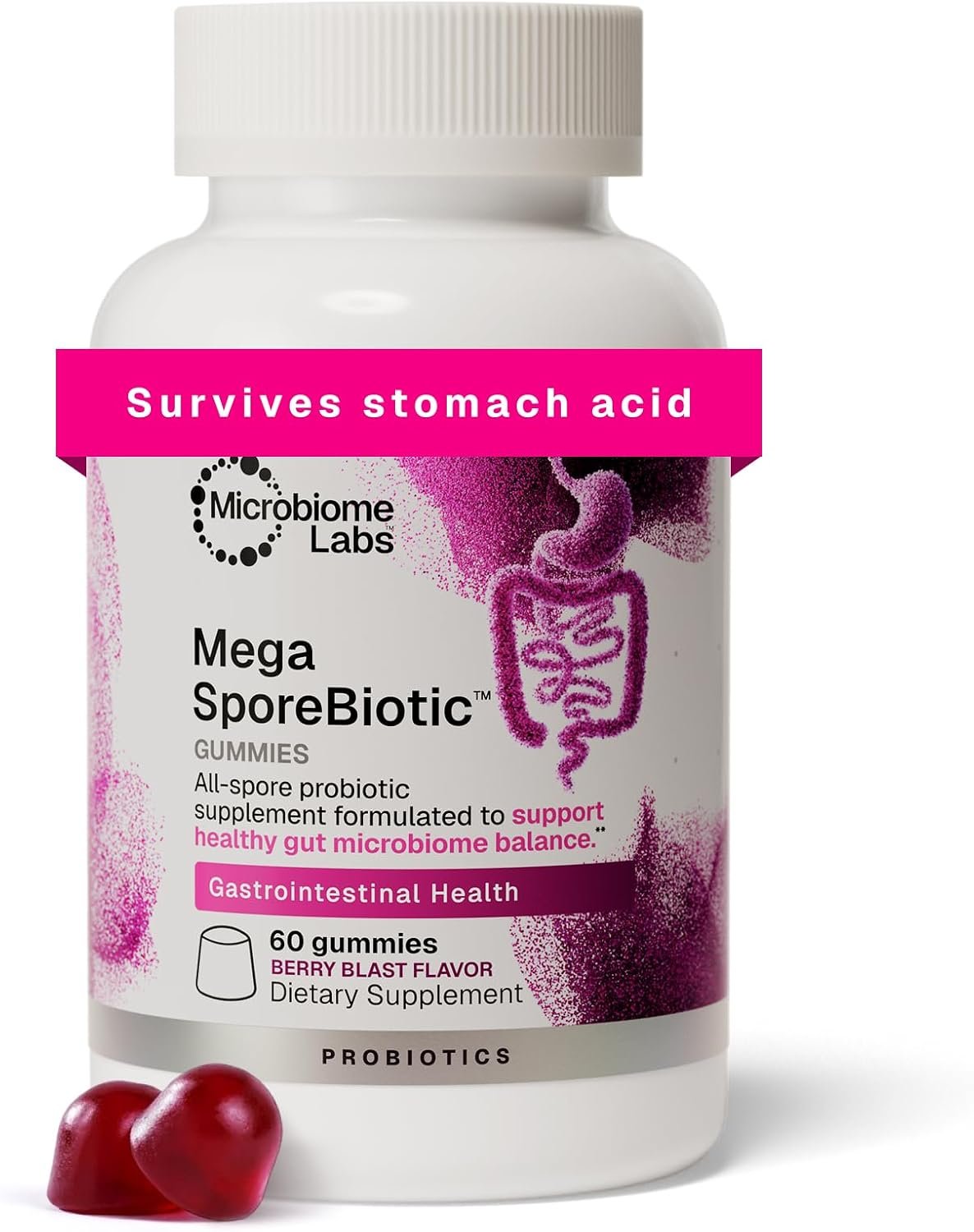Microbiome Labs Spore Based Probiotic Gummies for Women, Men & Children – MegaSporeBiotic Gummies – 4 Bacillus Probiotics for Digestive Health & Microbiome Support – Berry Flavor (60 Gummies)