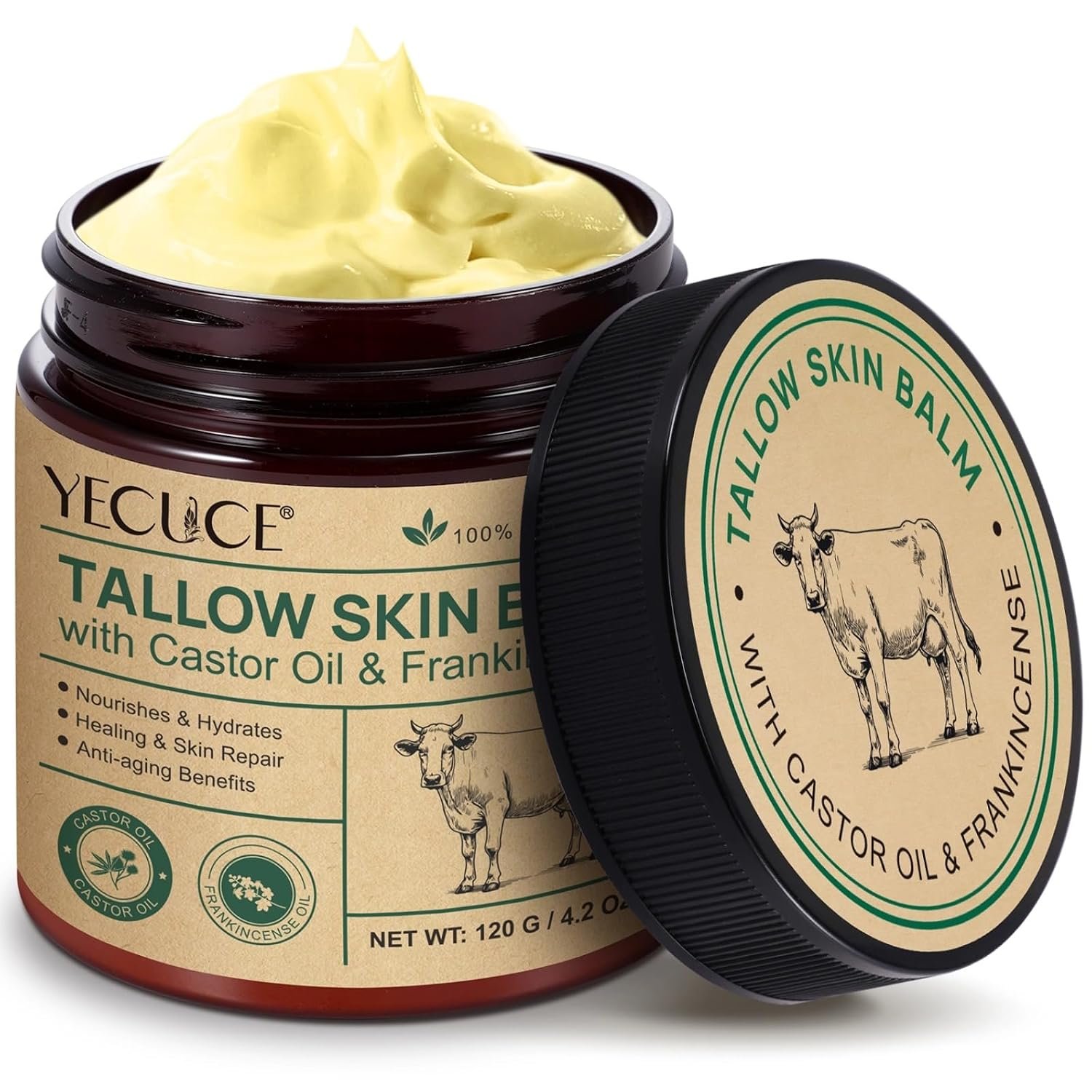 Yecuce Beef Tallow for Skin & Face Cream with Castor Oil and Frankincense 120g, Organic Natural 100% Grass Fed, Whipped Beef Tallow Balm Deeply Moisturizing for Face & Body Care, 4.2 oz