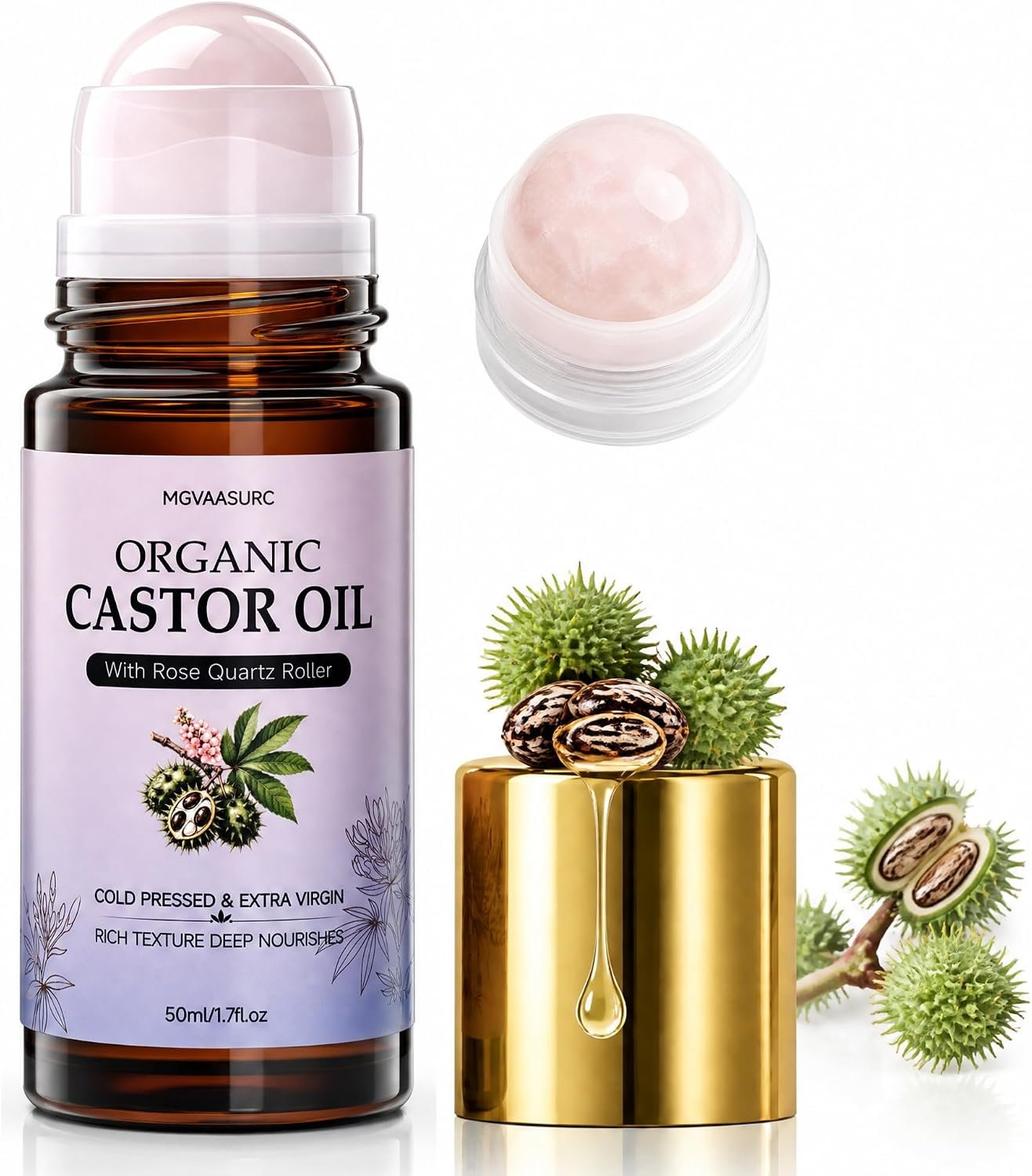 Organic Golden Castor Oil Roll-On with Rose Quartz Roller,100% Pure Cold-Pressed,Firms Skin,Reduces the Look of Fine Lines,Supports Hormonal Balance–for Face,Neck & Abdomen （1.7oz）
