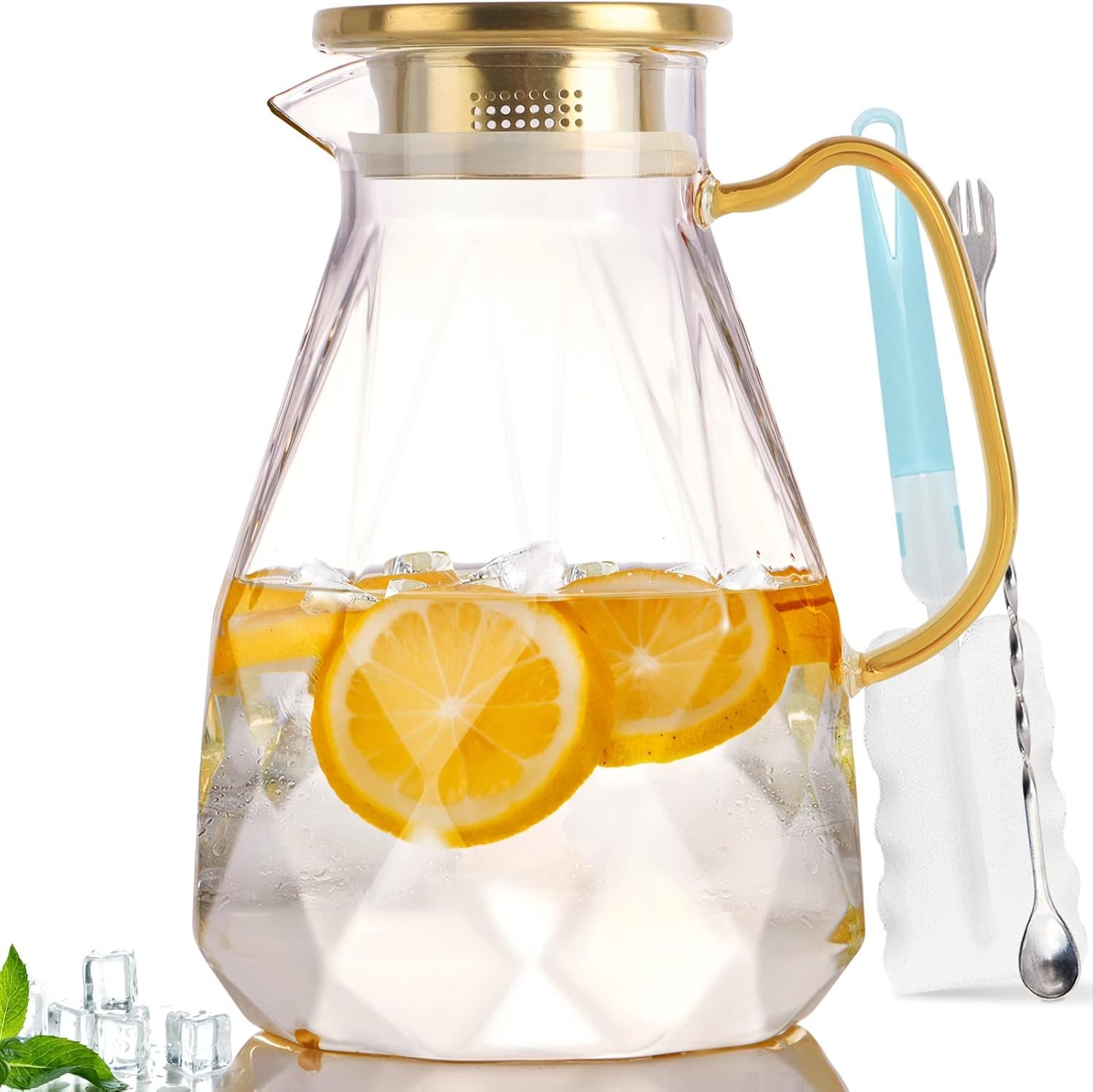 Glass Pitcher, 2.2 Liter Water Pitcher With Lid