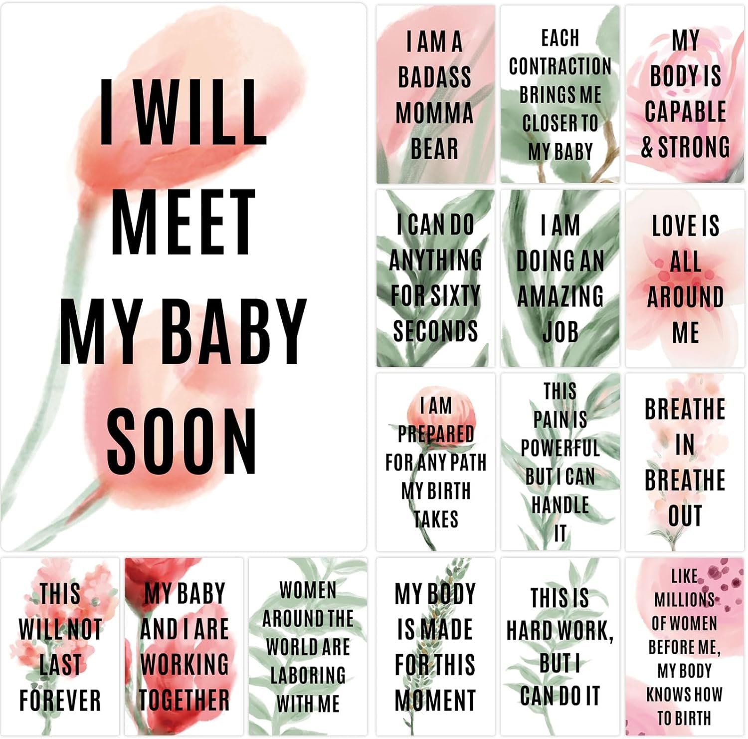 16 Birth Affirmation Cards – 4 x 6-inch Greenery Affirmation Cards for Women – Premium Positive Hypnobirthing Mantra Cards for Laboring Mother Deck for Pregnant Moms, Baby Shower Gifts and Labor