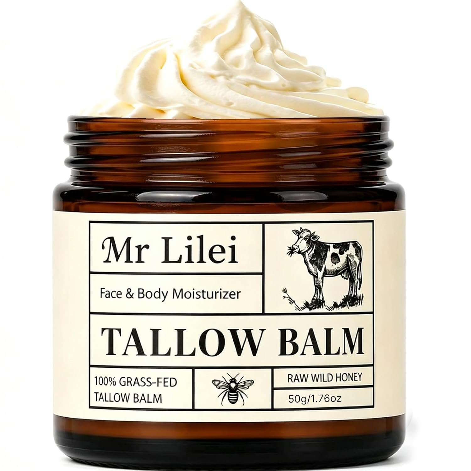 Beef Tallow for Skin – 100% Organic Grass-Fed Beef Tallow Balm with Raw Honey, Natural Whipped Face Moisturizer & Body Butter for Dry & Sensitive Skin, Non-Greasy (Unscented, 50g/1.76oz)