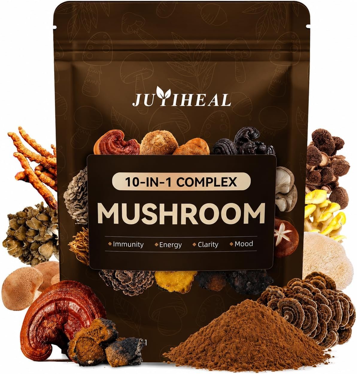 10-in-1 Mushroom Powder, Organic Mushroom Complex – Lions Mane, Reishi, Shiitake, Chaga, Turkey Tail, Cordyceps & More, Mushroom Supplement Powder for Energy, Memory, Focus & Immune Support – 60g