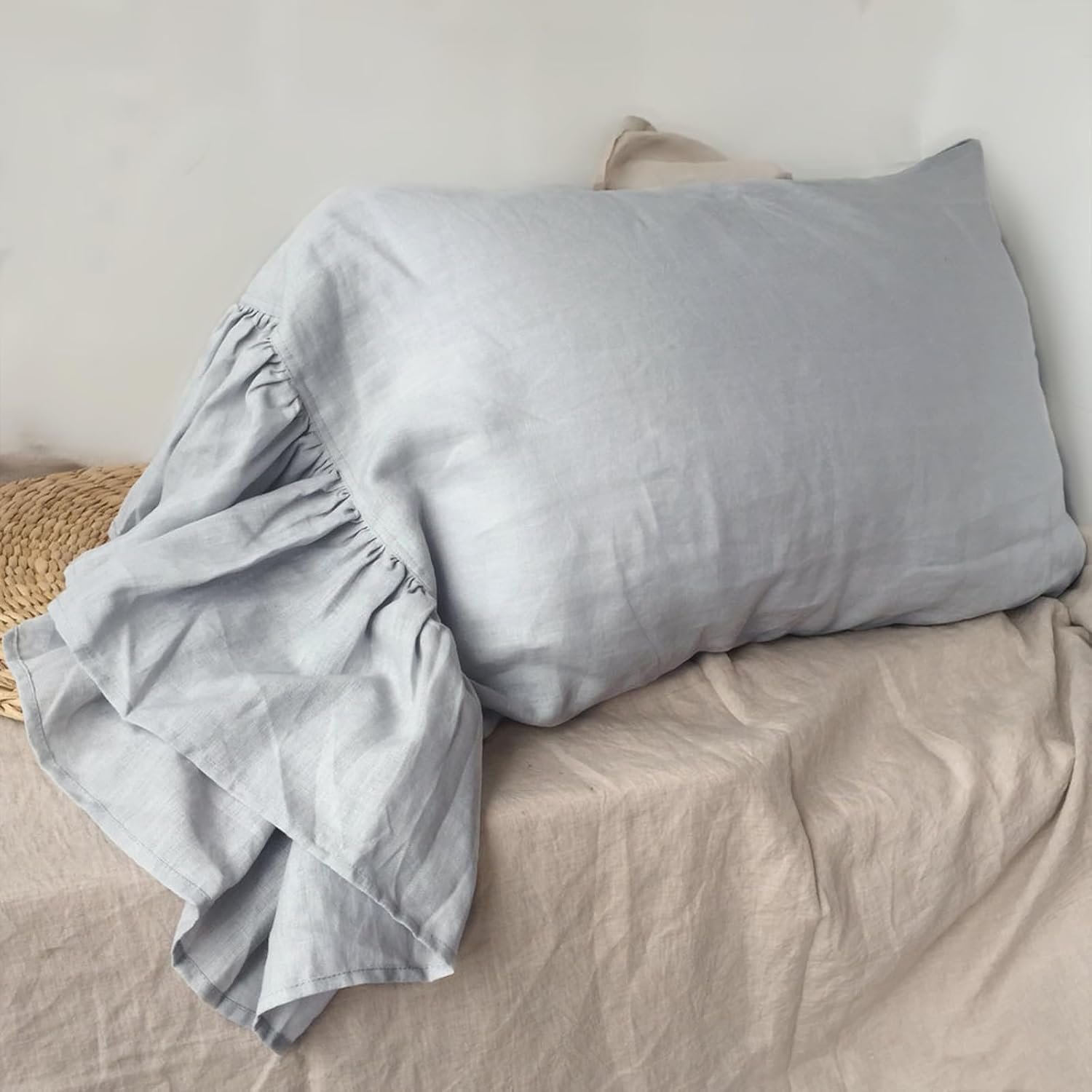 Ruffles Linen Pillowcase. Pure Flax Pillow Sham 100% French Linen Ruffled Pillow Cover, Standard, Queen, King Size 1 PCS (King, Silver)
