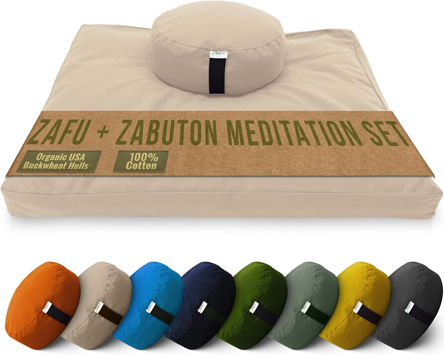Bean Products Meditation Cushion Mat Set – Zafu Floor Pillow Organic Buckwheat Pillow + Cotton Filled Zabuton Prayer Pad – Meditation Pillow Yoga Knee Pad – Made in USA – 14″ Round or 18″ Oval