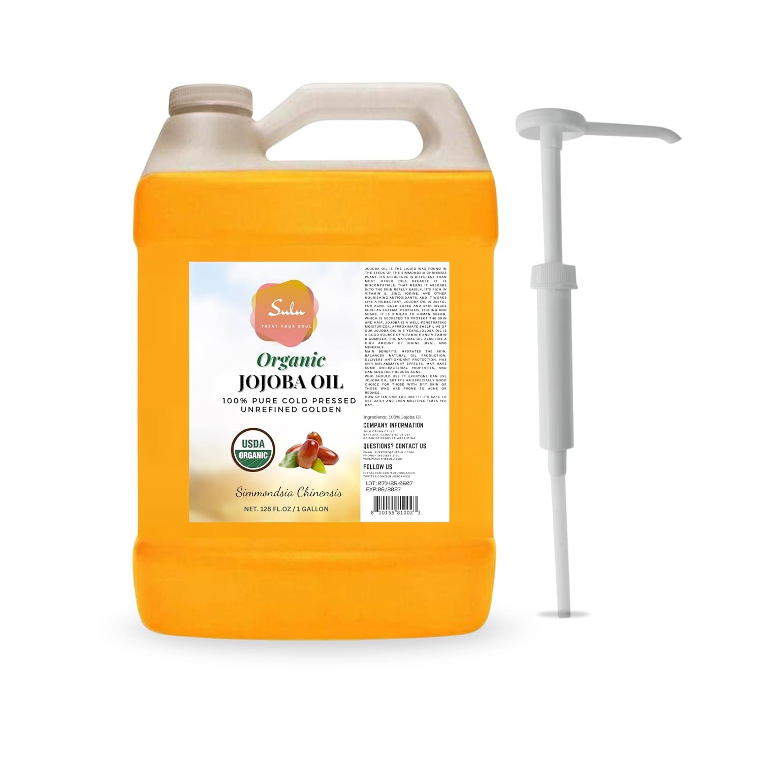 SULU Certified Organic Cold Pressed Unrefined Raw Uncut Golden Jojoba Oil- 1 Gallon/128 fluid ounces