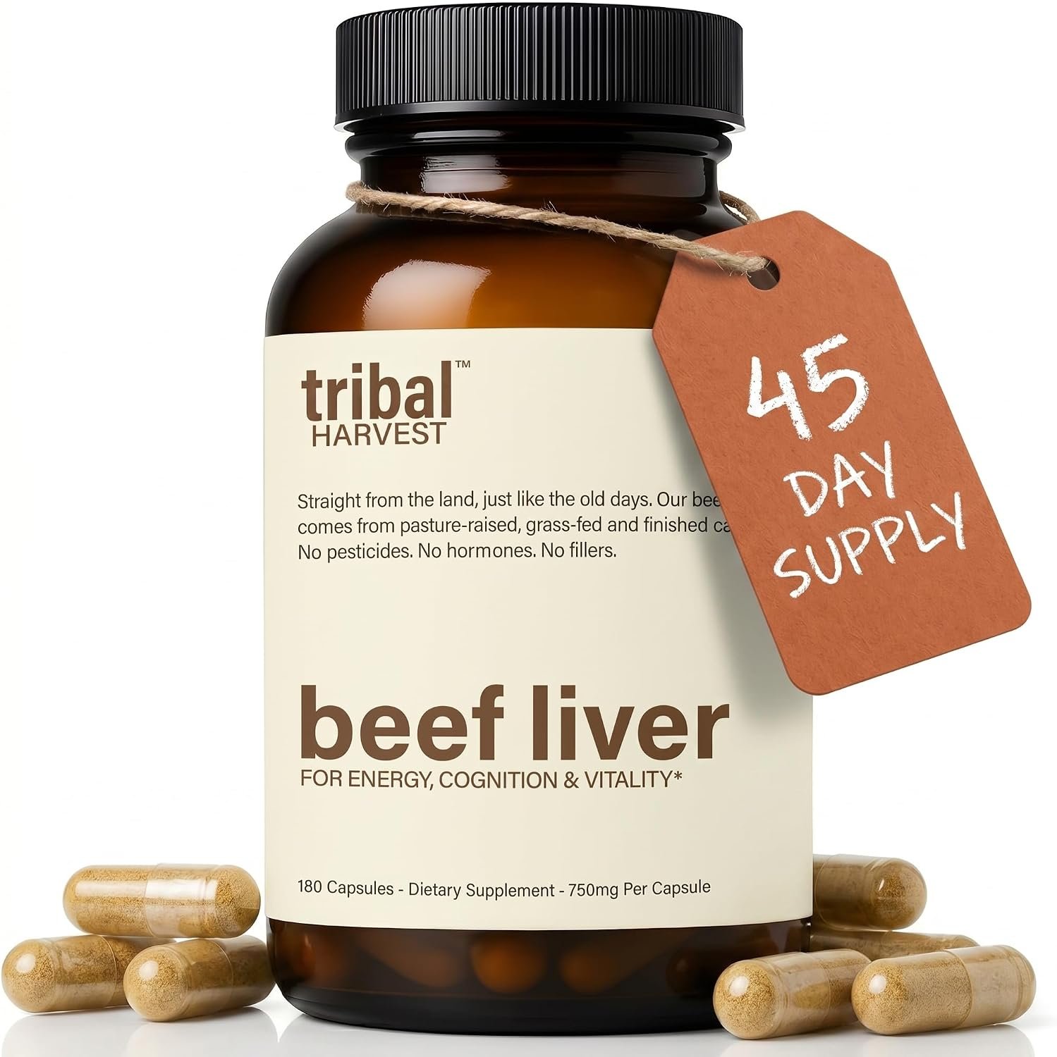 100% Grass Fed Beef Liver Capsules – Grass Finished & Pasture Raised Desiccated Beef Liver Supplement – Vitamin A, B12 & Heme Iron – Third Party Lab Tested (Single Pack, 45-Day Supply)