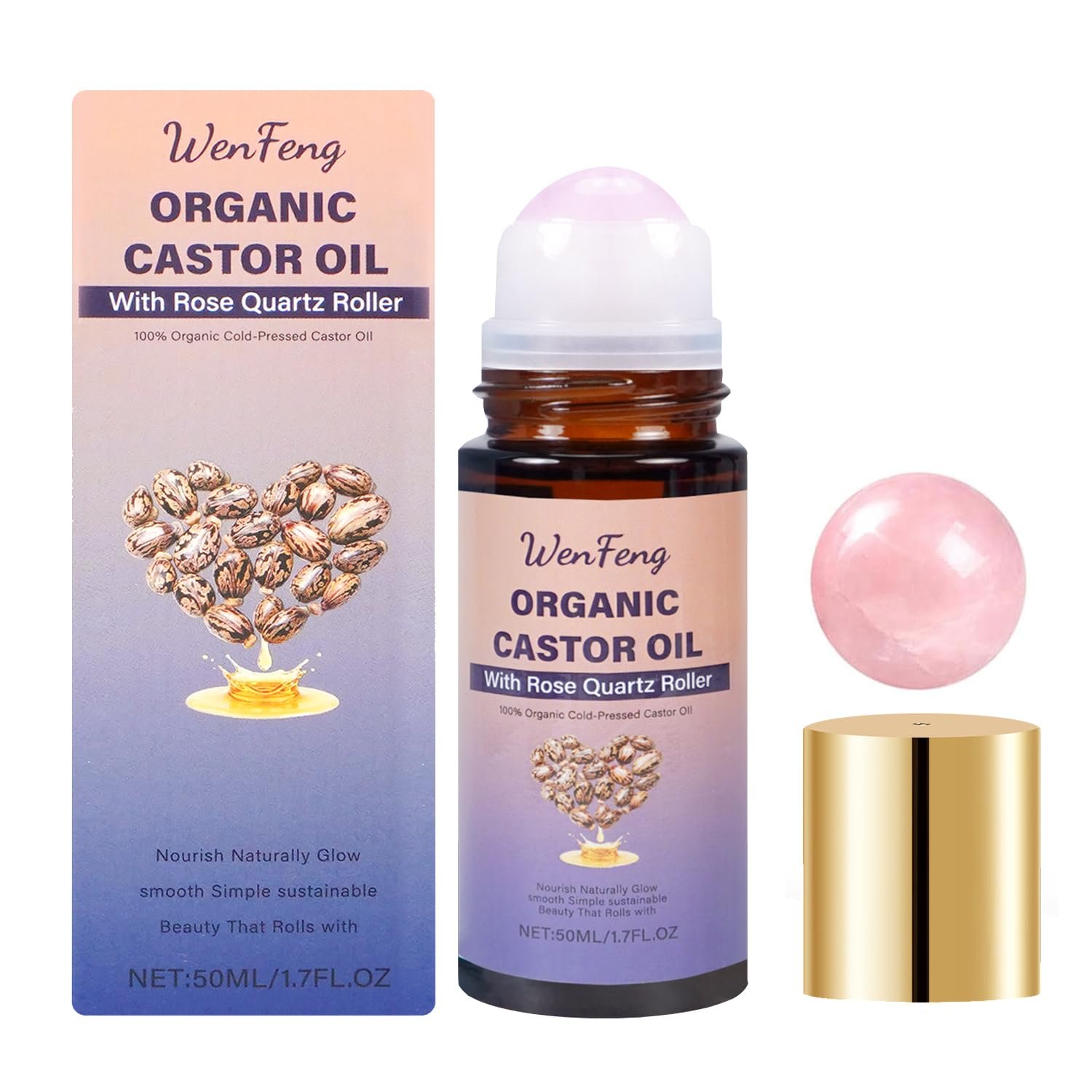 Organic Castor Oil Roll On with Rose Quartz Roller Ball