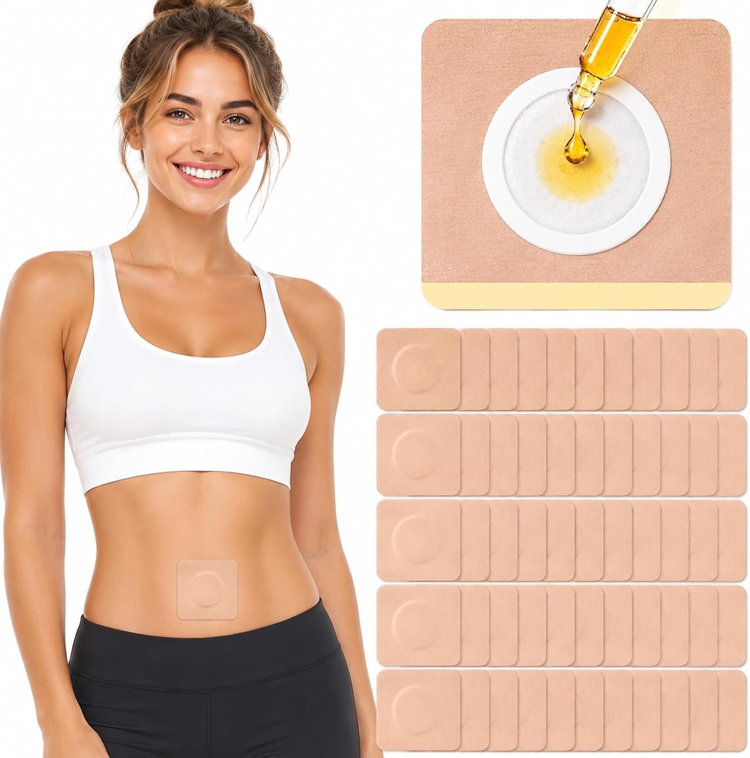 50Pcs Castor Oil Patches, Organic Cotton Castor Oil Pack Wrap Disposable Self-Adhesive Belly Button Patch Cover for Castor Oil, Mess-Free Anti Leakage No Wash Castor Oil Packs for Stomach