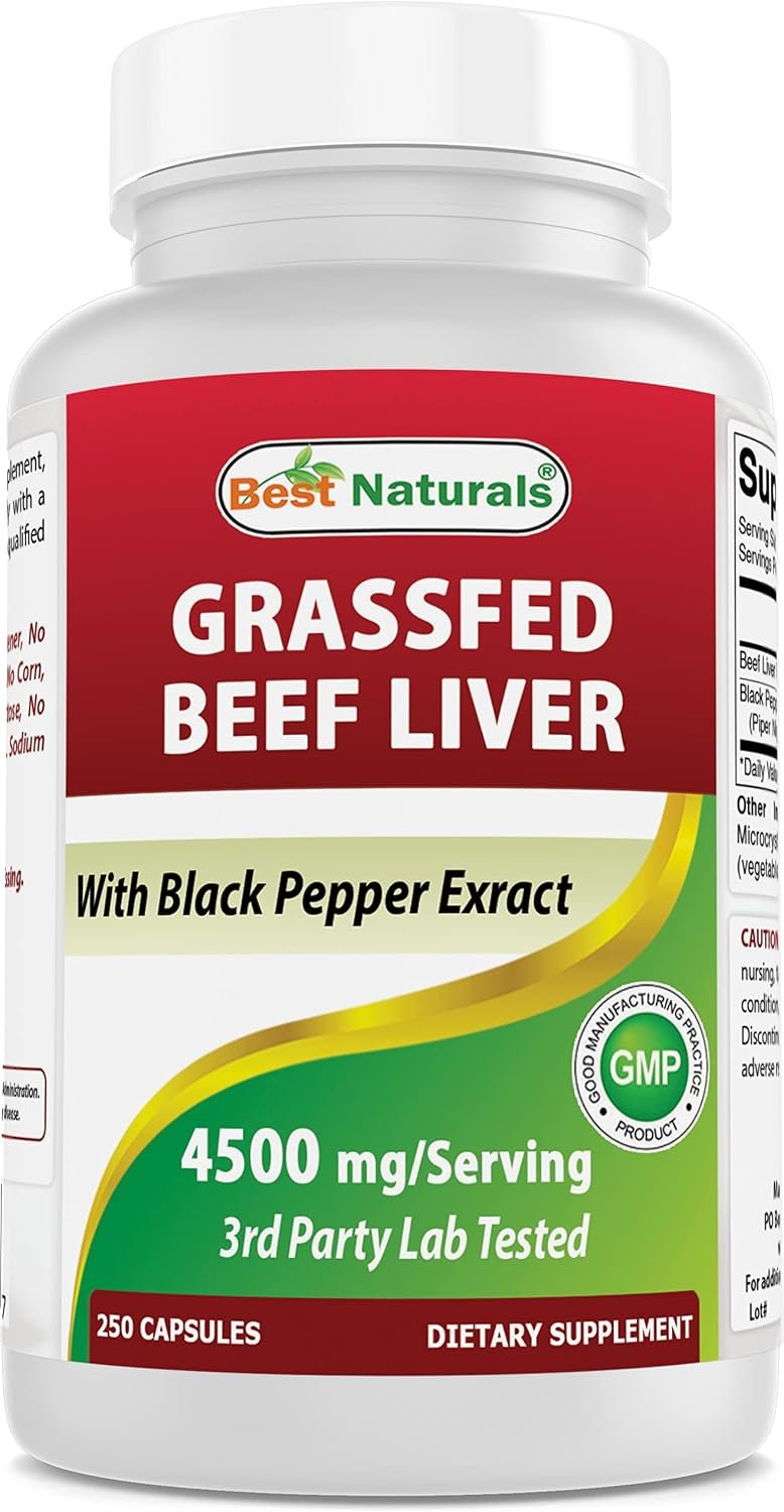 Best Naturals Grass Fed Beef Liver Capsules 4500mg 250 Count – Desiccated Supplement – Energy Production, Detoxification, Digestion, Immunity – Added Black Pepper Extract for Maximum Absorption.