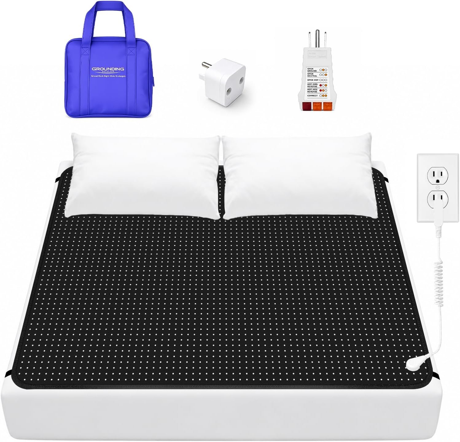 Grounding Mat for Bed, Grounding Mattress Pad with Cord, Conductive Mattress Pad with Grounding Plug Adapter and Outlet Tester, Improves Sleep, 62×78 Inch