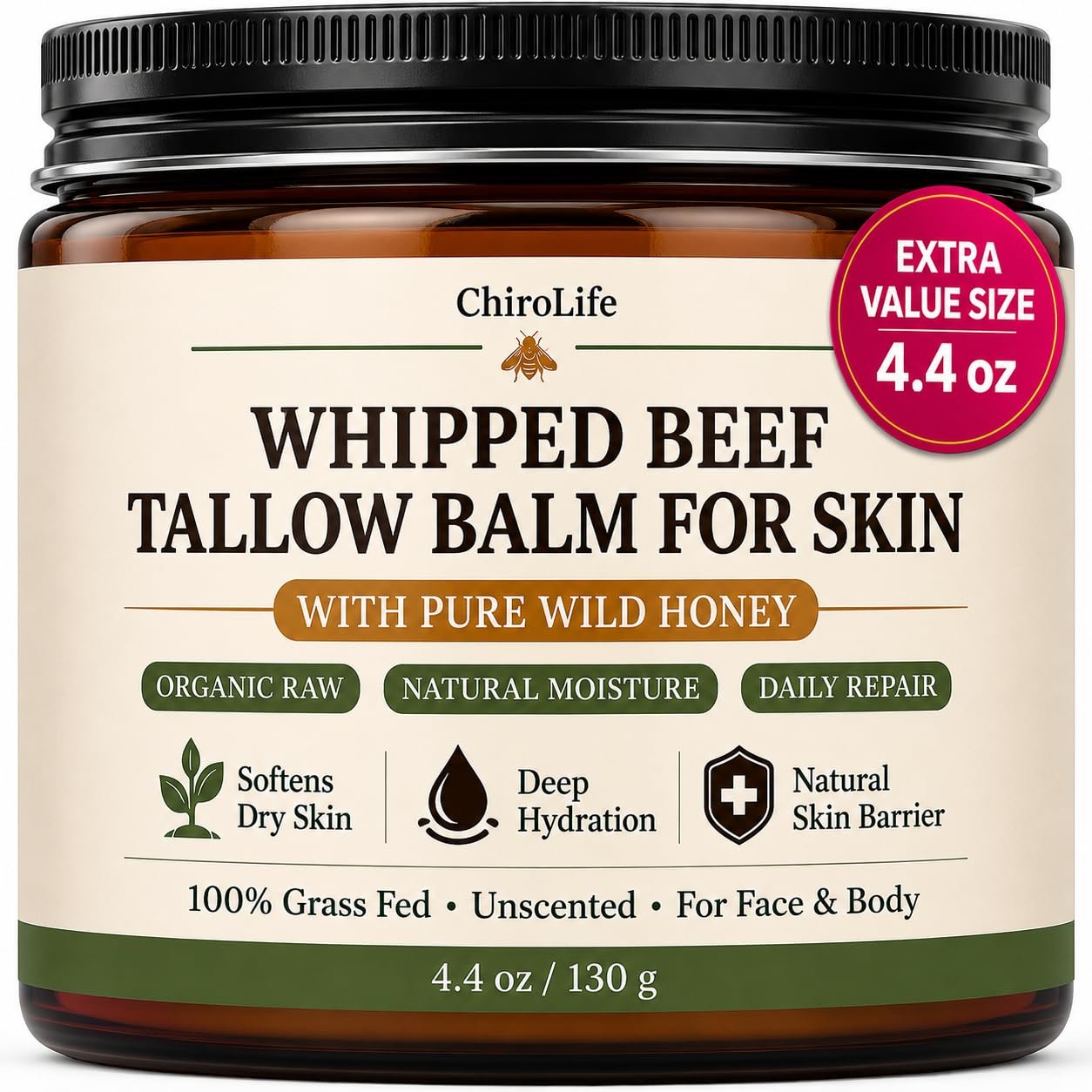 Grass-Fed Beef Tallow for Skin, Whipped Tallow and Honey Balm, 4.4 oz