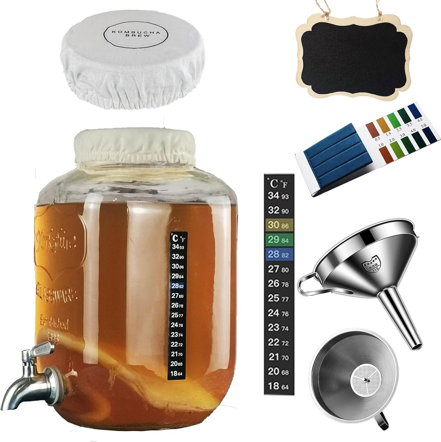 1.3 Gallon Glass Kombucha Starter Kit,Jar,pH-Test,Temp,Cover,Funnel