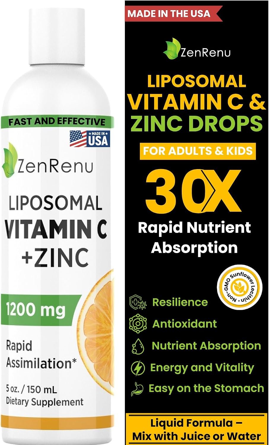 Liposomal Vitamin C and Zinc Liquid Drink for Adults & Kids – Non GMO Sunflower Lecithin – Max Antioxidant & Immune Support, 5 oz / 150 ml