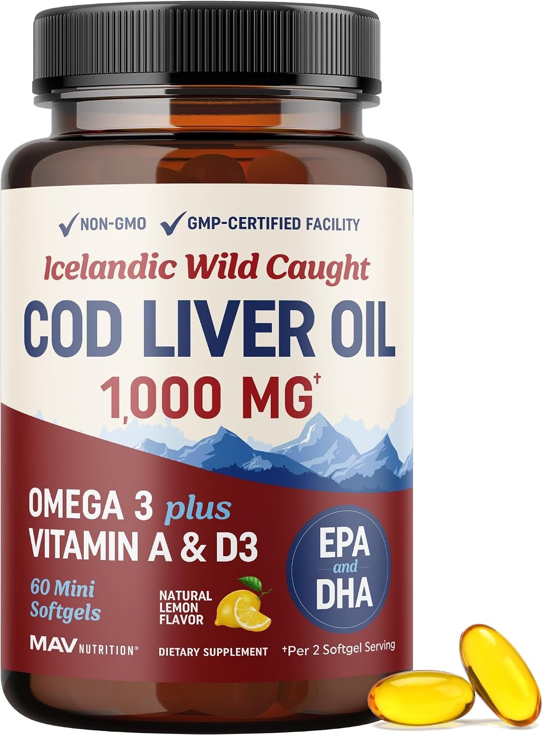 Cod Liver Oil Softgels 1000MG, Omega 3 + VIT A & D3, Wild Caught, Icelandic