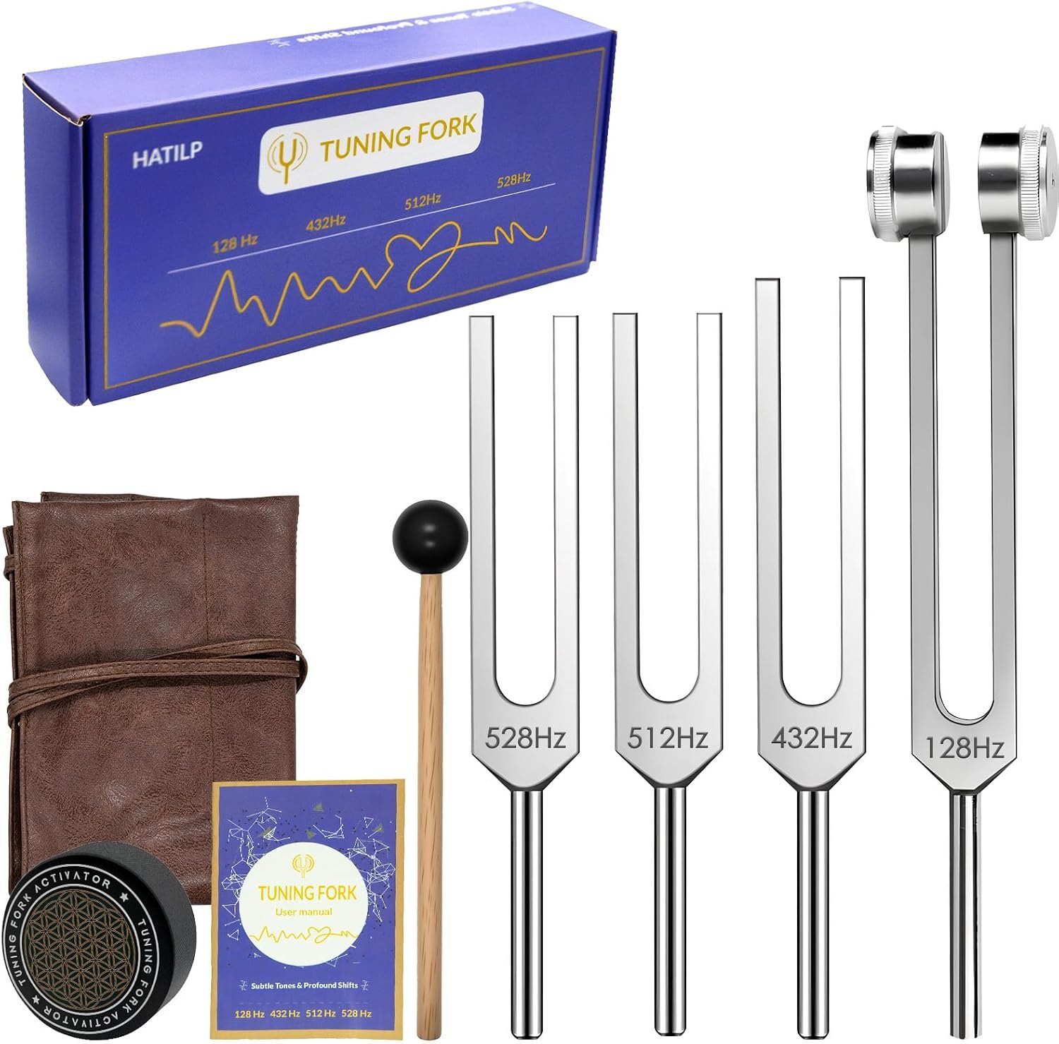 Tuning Forks for Healing Set 128Hz 432Hz 512Hz 528Hz, Weighted & Unweighted Sound Therapy Forks with Activator, Mallet & Pouch, Meditation Yoga Chakra Gift for Mom, Wife, Girlfriend or Sister