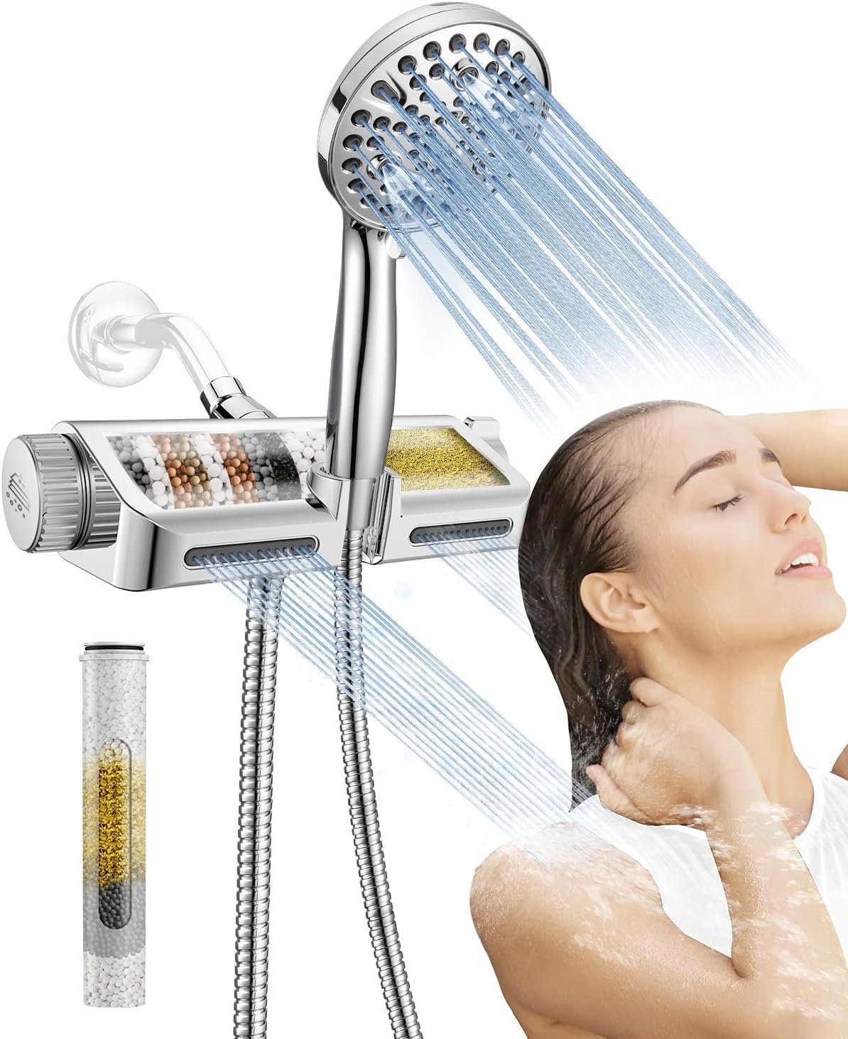 MakeFit Filtered Shower Head with Handheld Combo – Dual 2-in-1 Spa System with Massage Shower and 10 Modes Hand Held Shower High Pressure with Built in Power Wash Mode (Chrome)