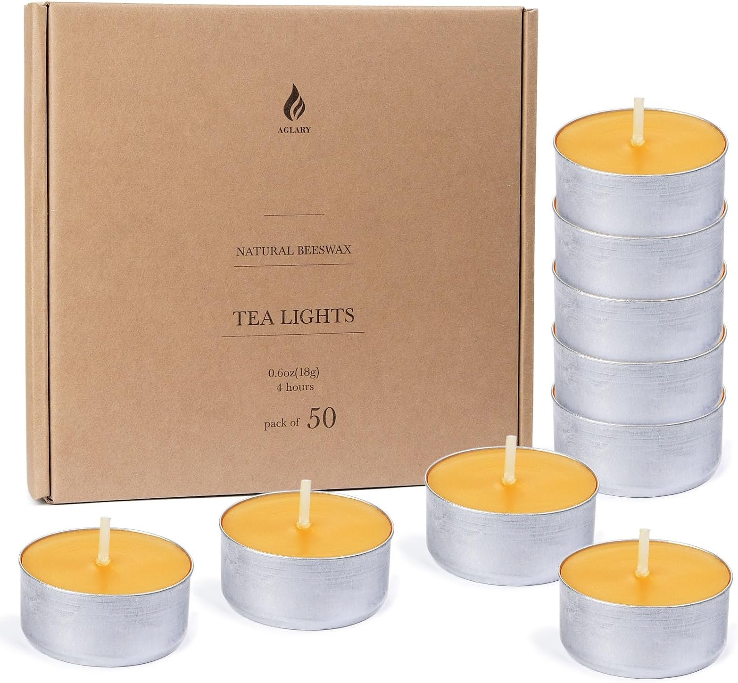 50PCS Beeswax Tealight Candles, Aluminum Cups, 4H Burn, Unscented