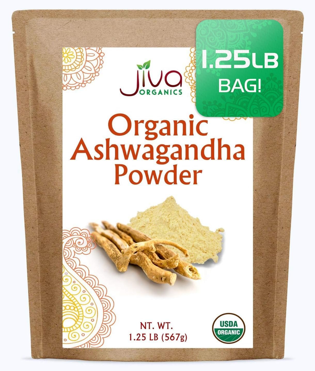 Jiva Organics Ashwagandha Root Powder 1.25 Pound (20oz) – Gluten Free, Indian Ginseng, Raw, Pure, Non-GMO, Lab Tested Ayurvedic Indian Powder