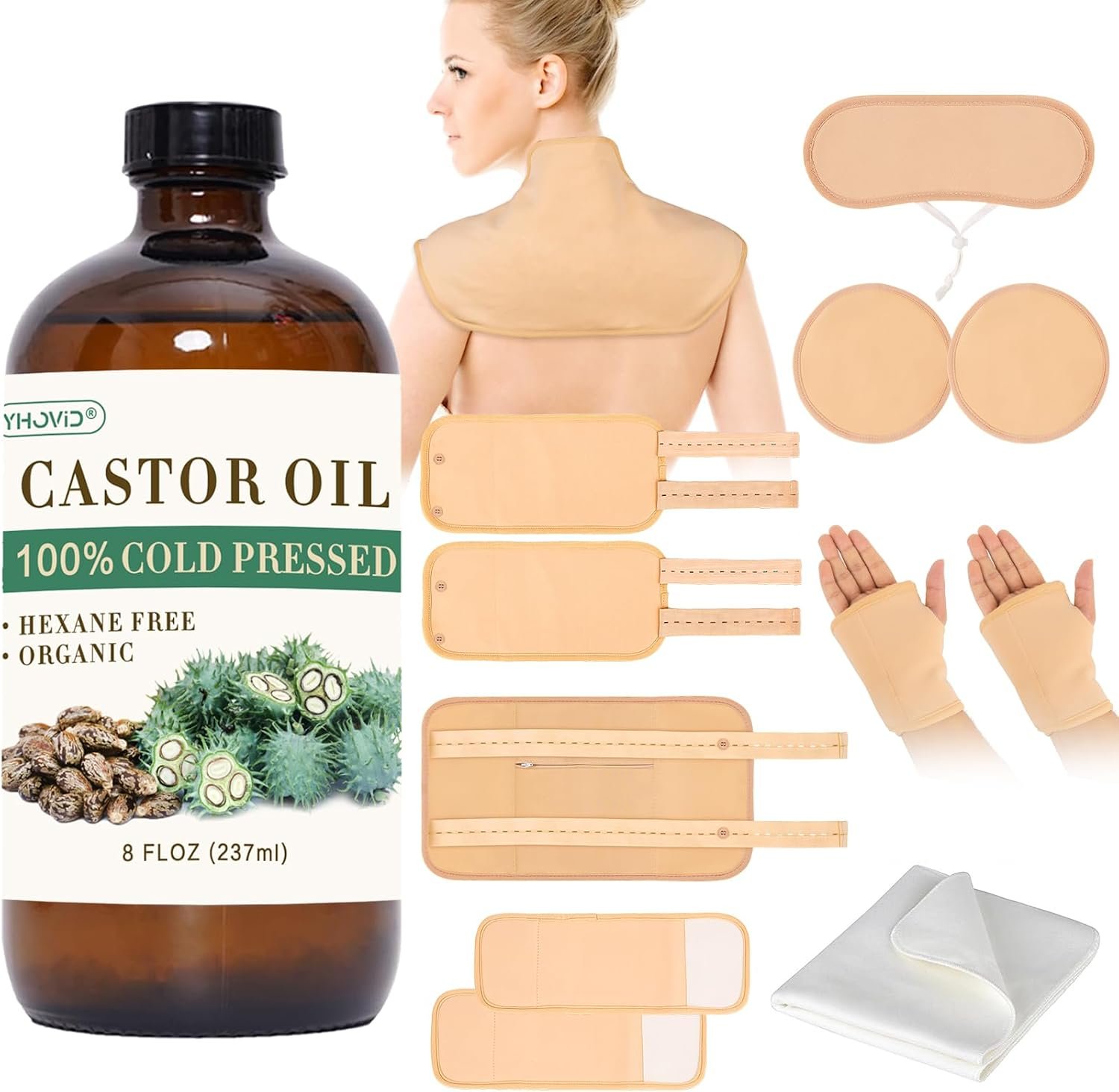 13 Pcs Castor Oil Pack Wrap, Castor Oil Organic Cold Pressed Unrefined