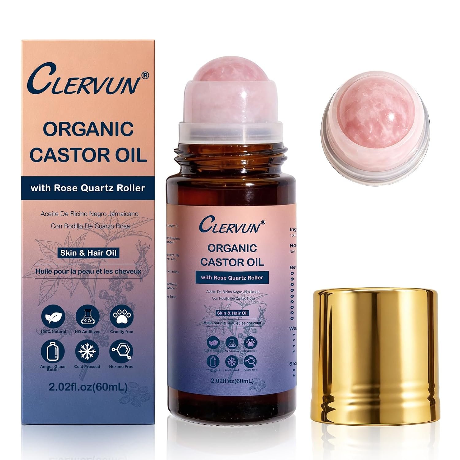 Organic Castor Oil Roll On with Rose Quartz Roller 2.02fl.oz