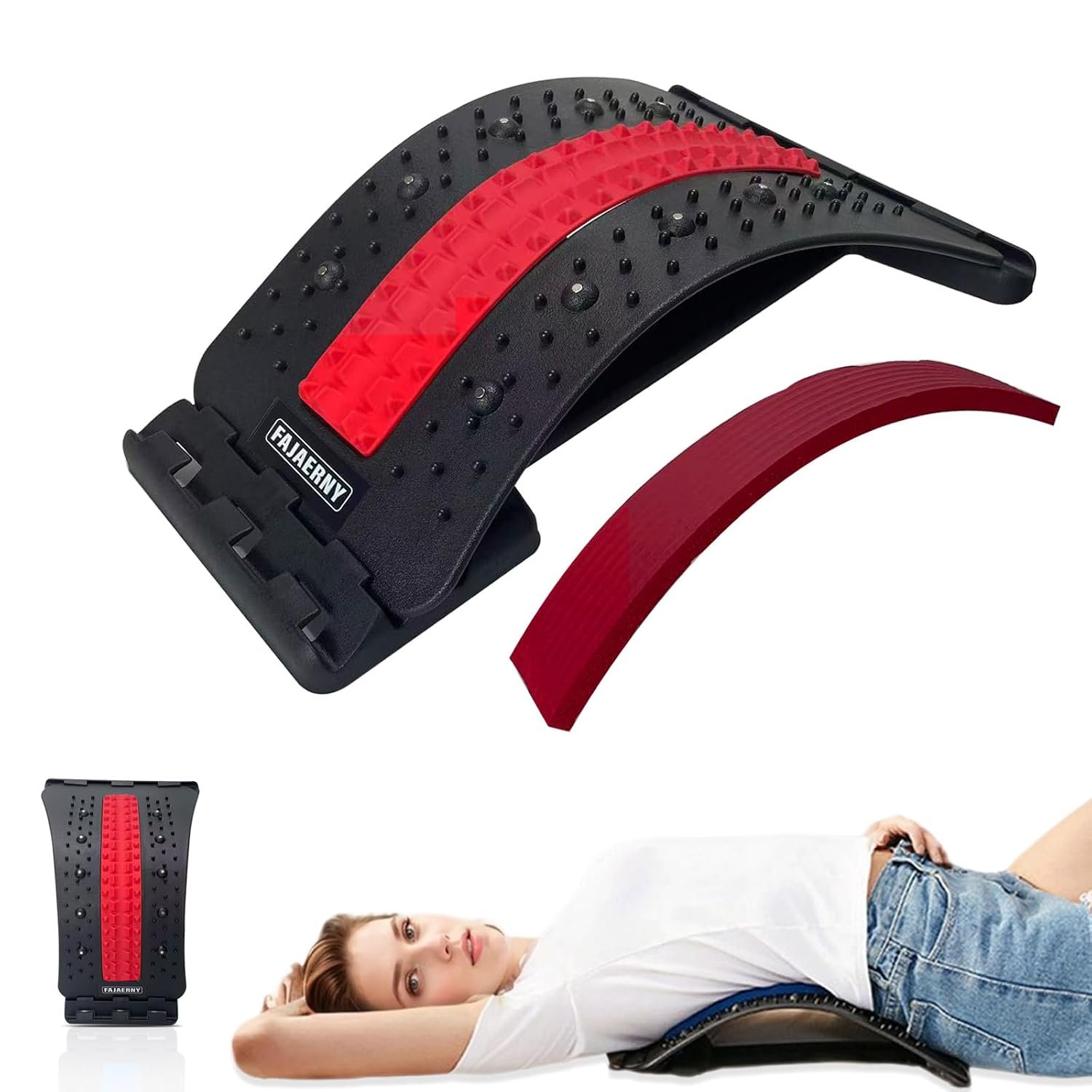 Back Stretcher, 3-Level Adjustable Lumbar Support with 84 Massage Points and 10 Magnetic Nodes, Back Cracker for Posture Care and Muscle Relaxation, NBR Pad & Silicone Pad (Red)