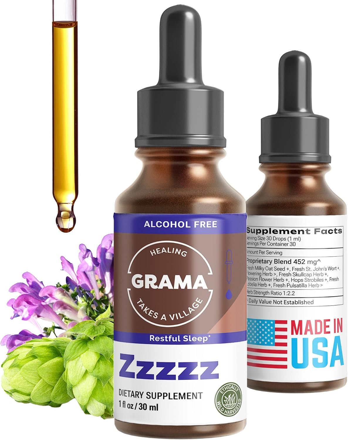 Grama Wellness Zzzzz Organic Sleep Support Tincture – Herbal Liquid Sleep Aid for Adults with Passionflower, Skullcap & Hops – Non Habit Forming Nighttime Drops, Melatonin-Free, Alcohol-Free, 1 fl oz