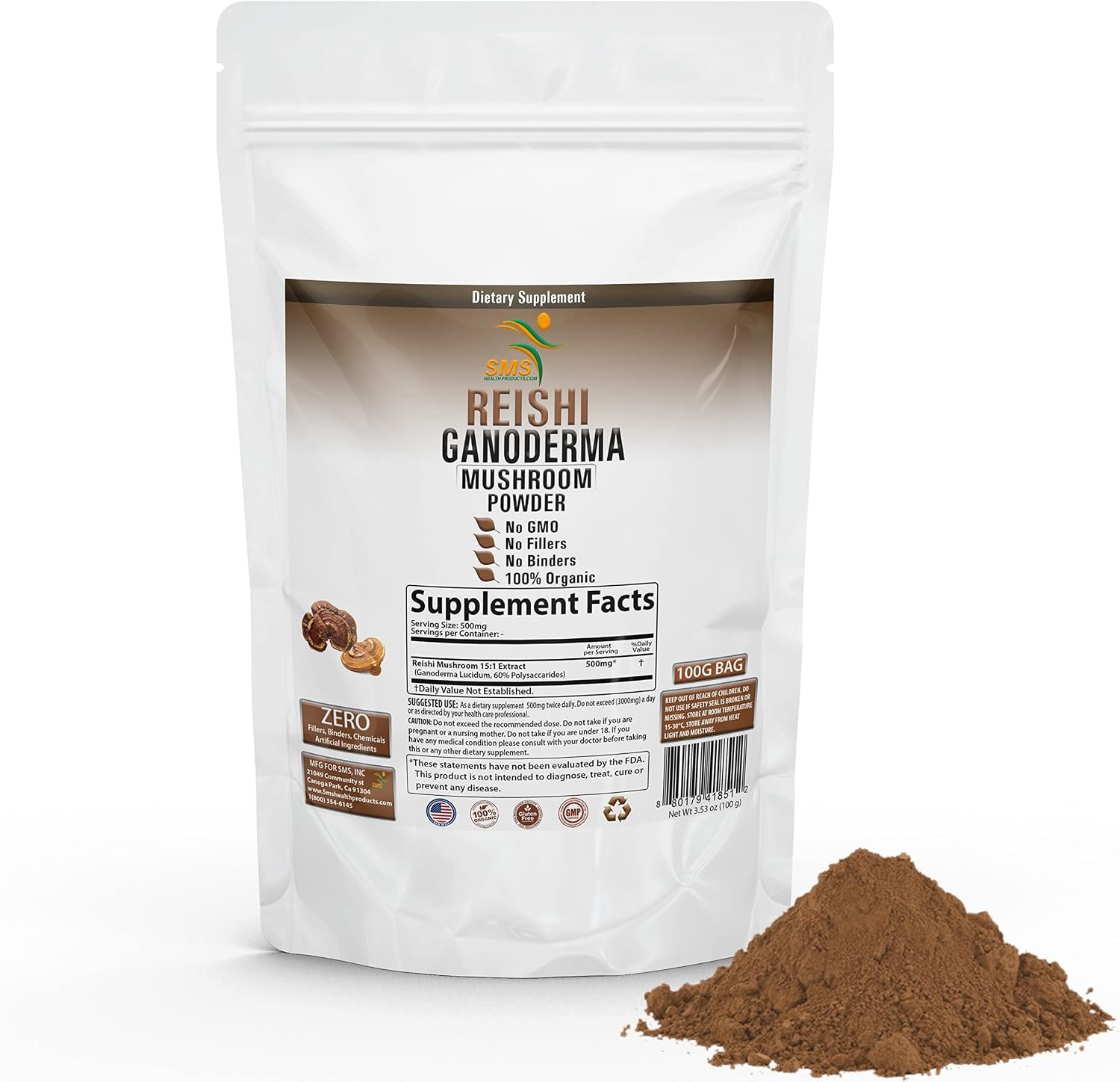 Reishi Mushroom 100g Powder 3.52 oz (60% Polysaccharides) for Longevity by SMS, Vegan, Organic, Non-GMO Reishi Extract, Supplement for Immune System Support, Safe for Pets