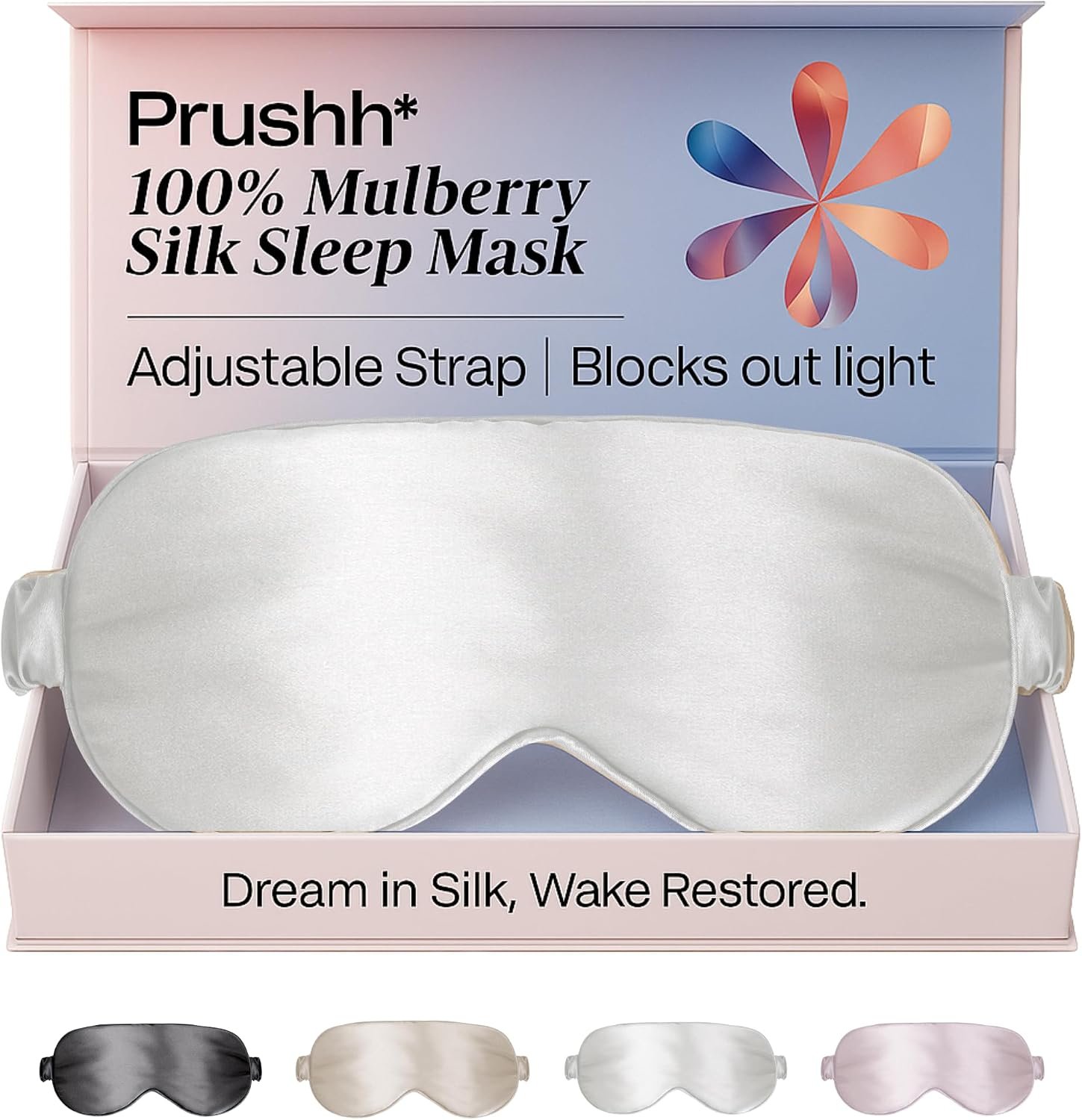 Adjustable Silk Sleep Mask Eye Covers | 100% Pure 6A Mulberry Silk | Blackout & Hypoallergenic | Concealed Strap for Women & Men | for Sleeping & Travel (Ivory White)
