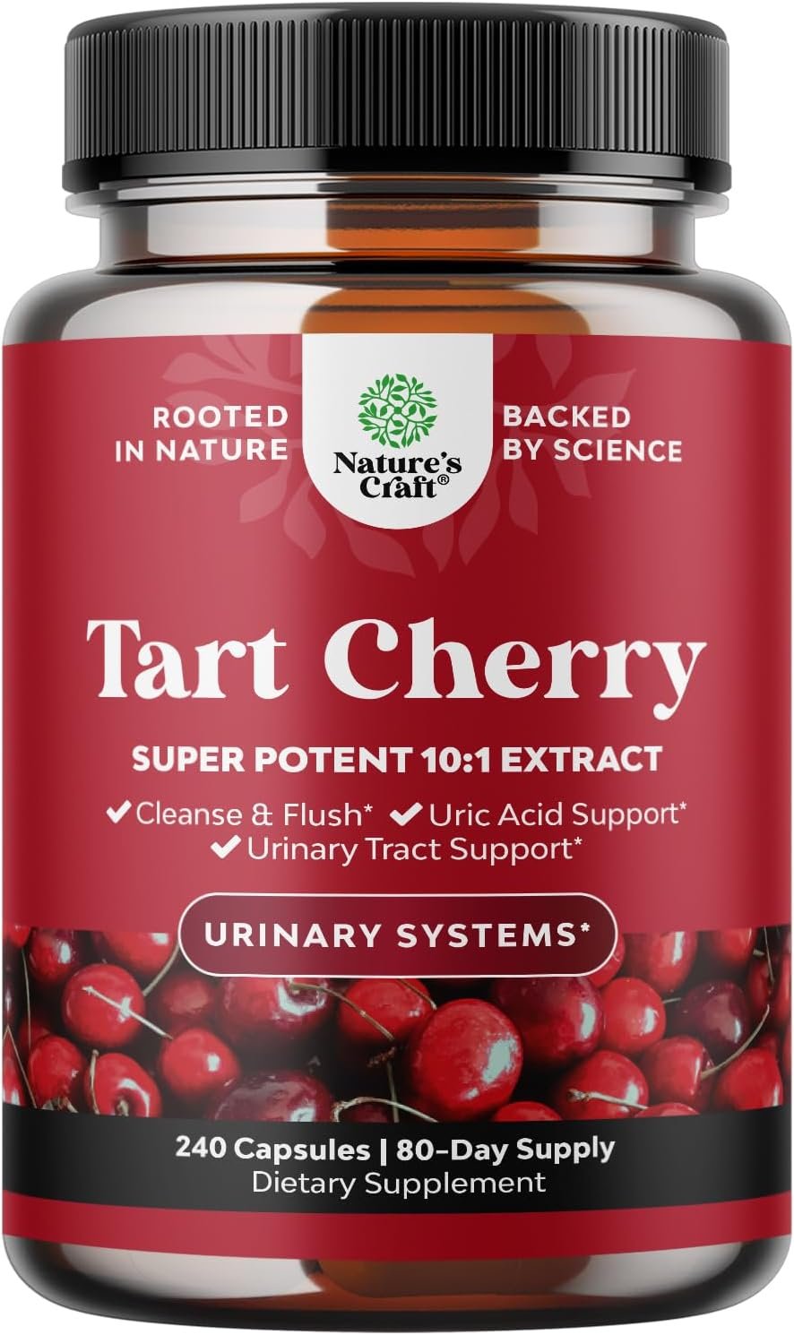 Natures Craft Extra Strength Tart Cherry Capsules – Tart Cherry Extract Capsules for Uric Acid Cleanse for Kidney Support – Fruit Extract Supplement for Urinary Tract Health & Joint Support – 240 Ct