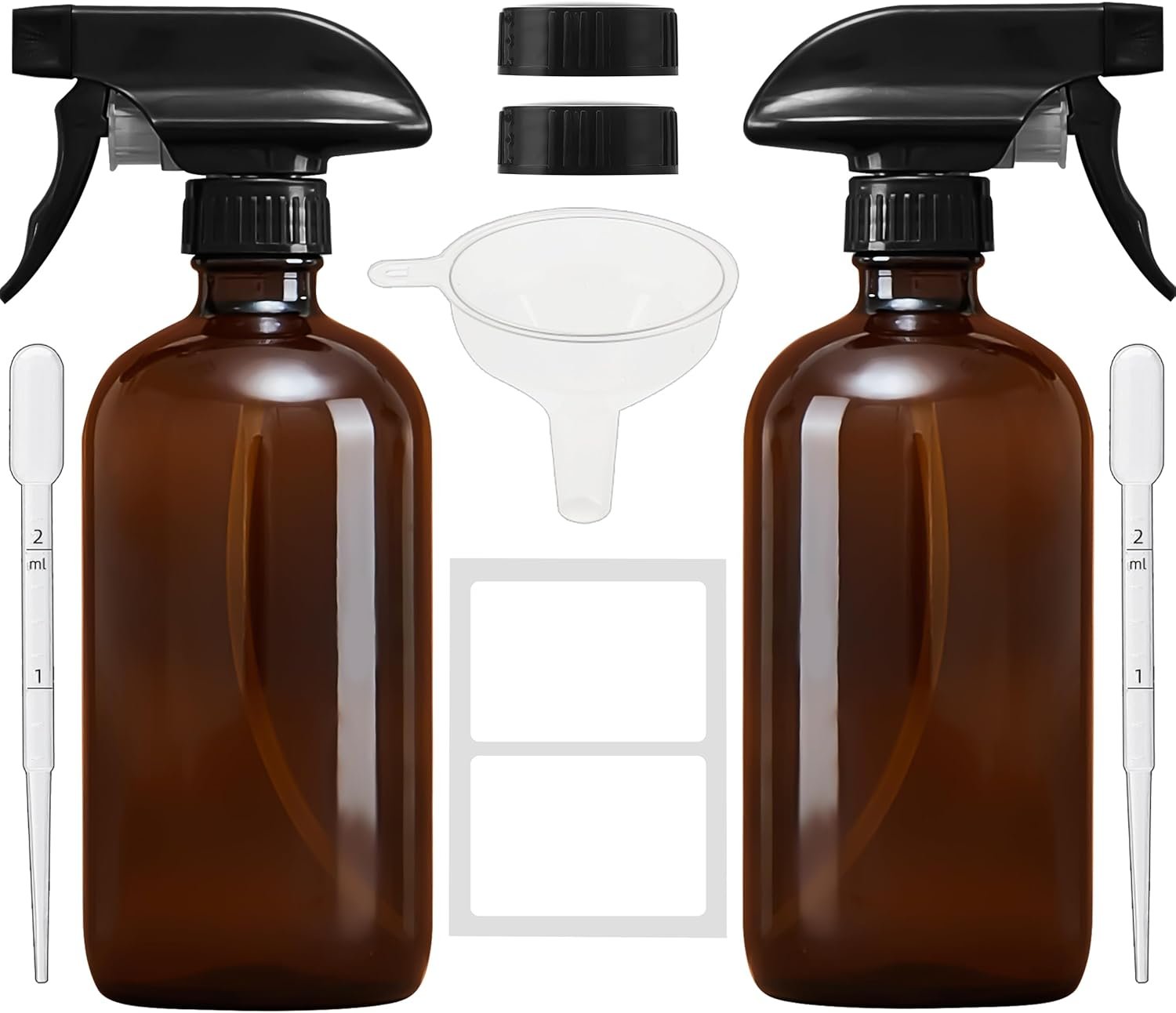 Amber Glass Spray Bottles 16 oz, Adjustable Nozzle, 2 Pack