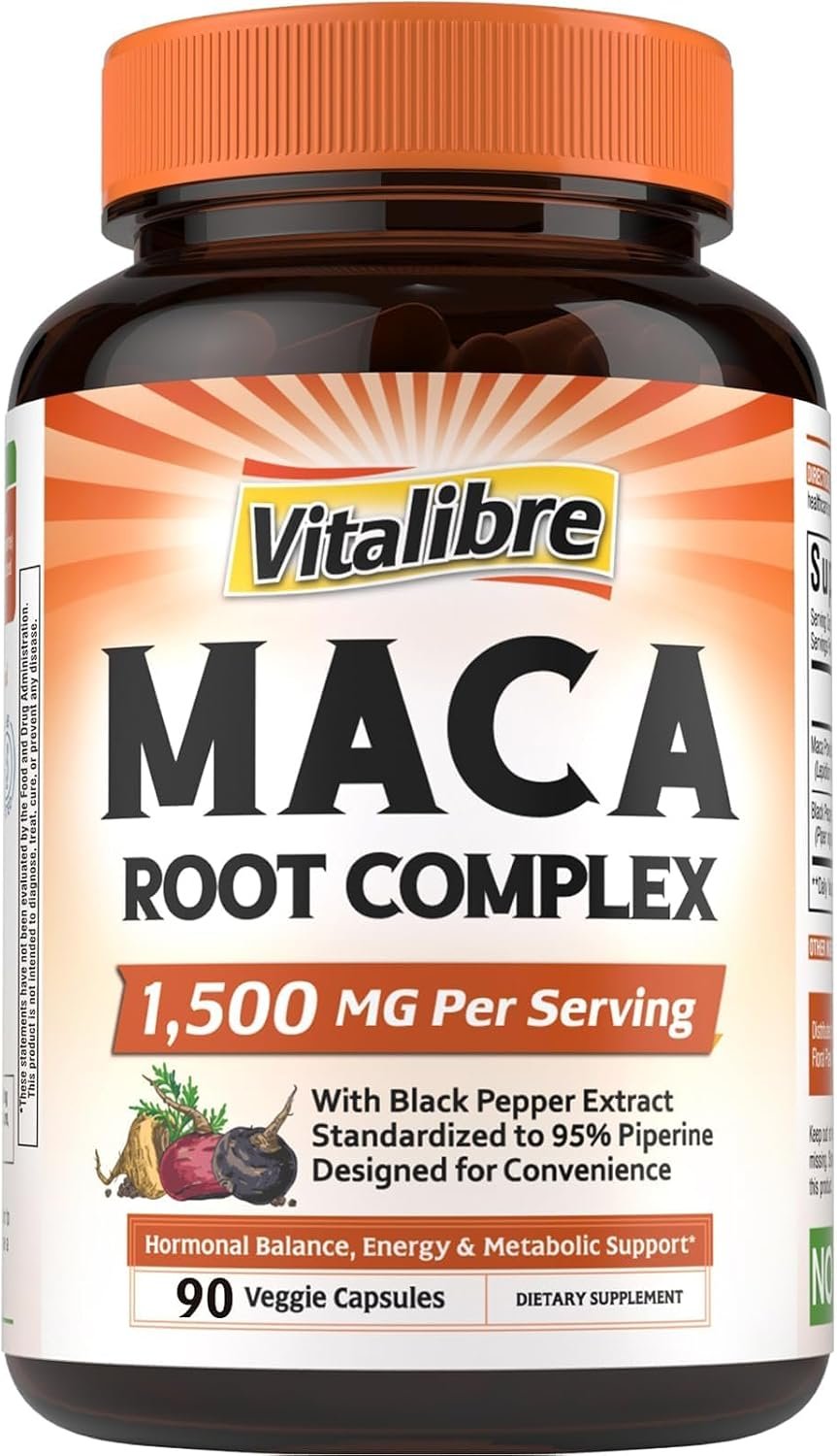 Vitalibre Maca Root Capsules for Women & Men, 1500 mg Maca Root Per Serving, with Black Pepper for Max Absorption, 95% Piperine, Vitality, Mood, Metabolic Support, 90 Capsules