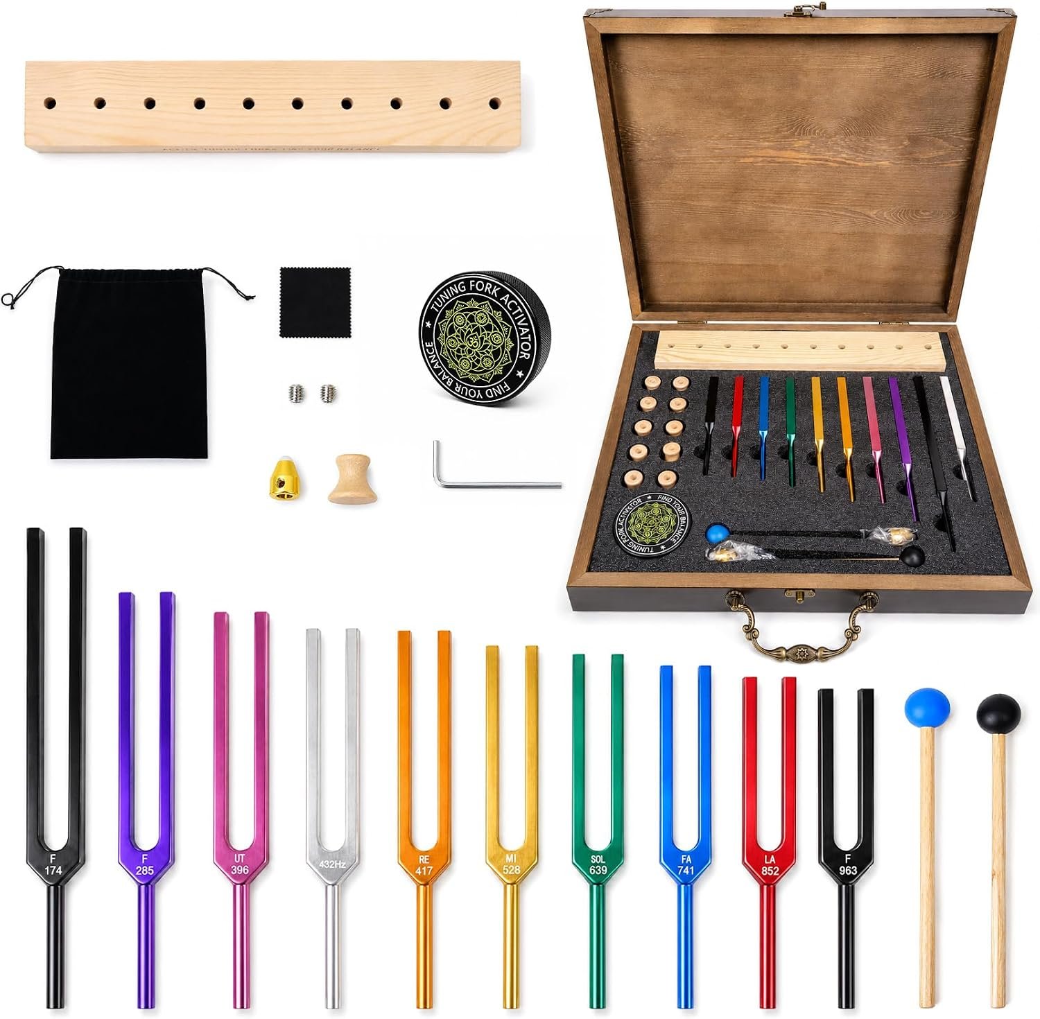 10 Frequency Tuning Fork Set, Solfeggio Tuning Forks with Premium Wooden Storage Case, Wooden Bases & Activator, 174Hz–963Hz
