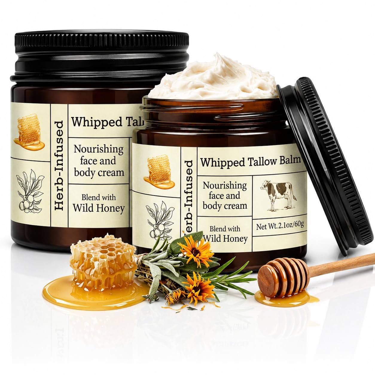 2PCS Beef Tallow for Skin, Grass-Fed Beef Tallow Balm with Raw Honey, Whipped Tallow Face & Body Cream, Natural Moisturizing Tallow Balm, Hydrating Organic Skin Care for Dry, Sensitive & Mature Skin