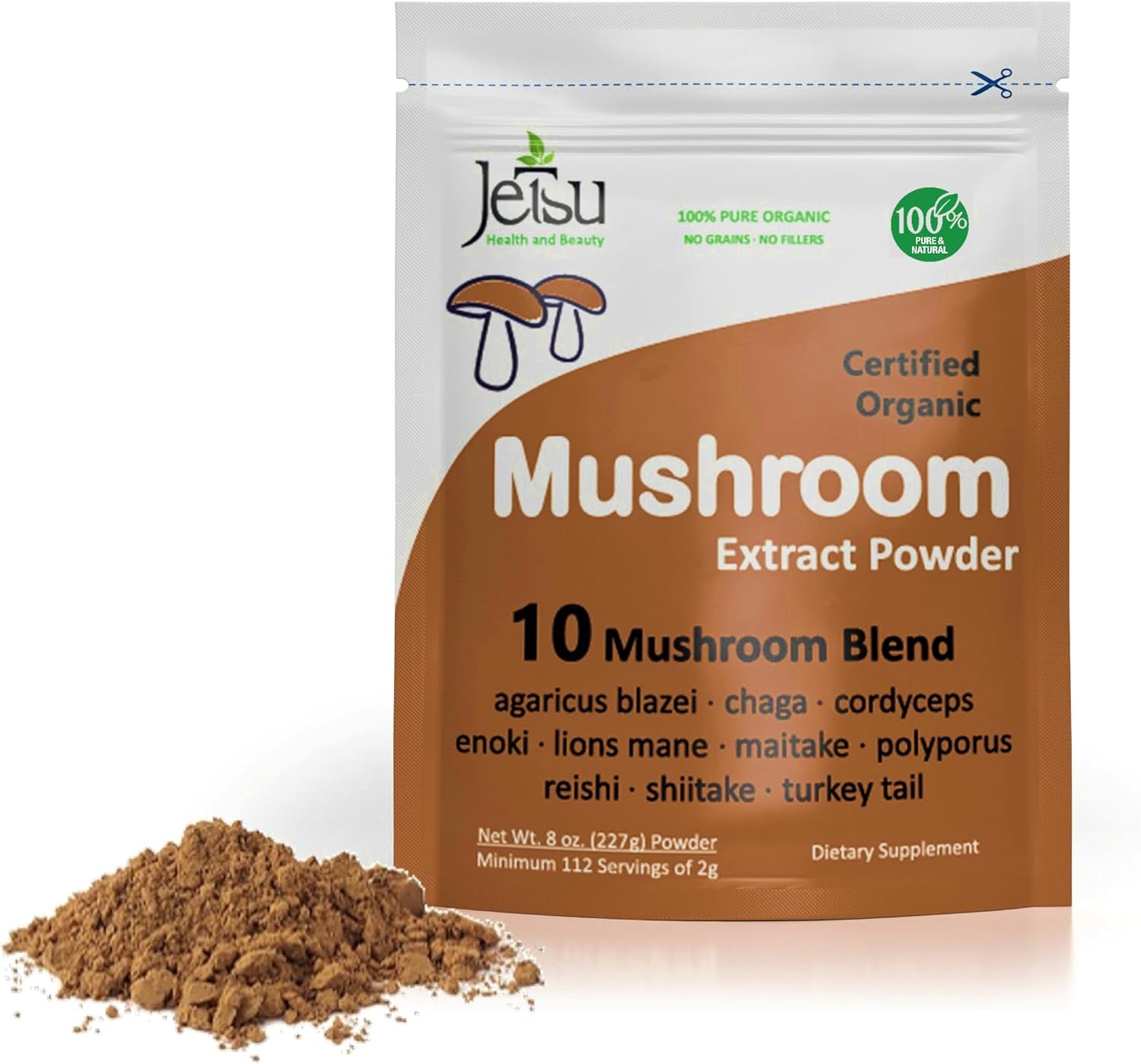 Mushroom Extract Powder – Powerful 10 Blend, Organic Lions Mane, Cordyceps, Reishi, Shiitake, Turkey Tail Mushrooms Nootropic Brain Supplement for Energy, Calm, Focus & Immune System Booster