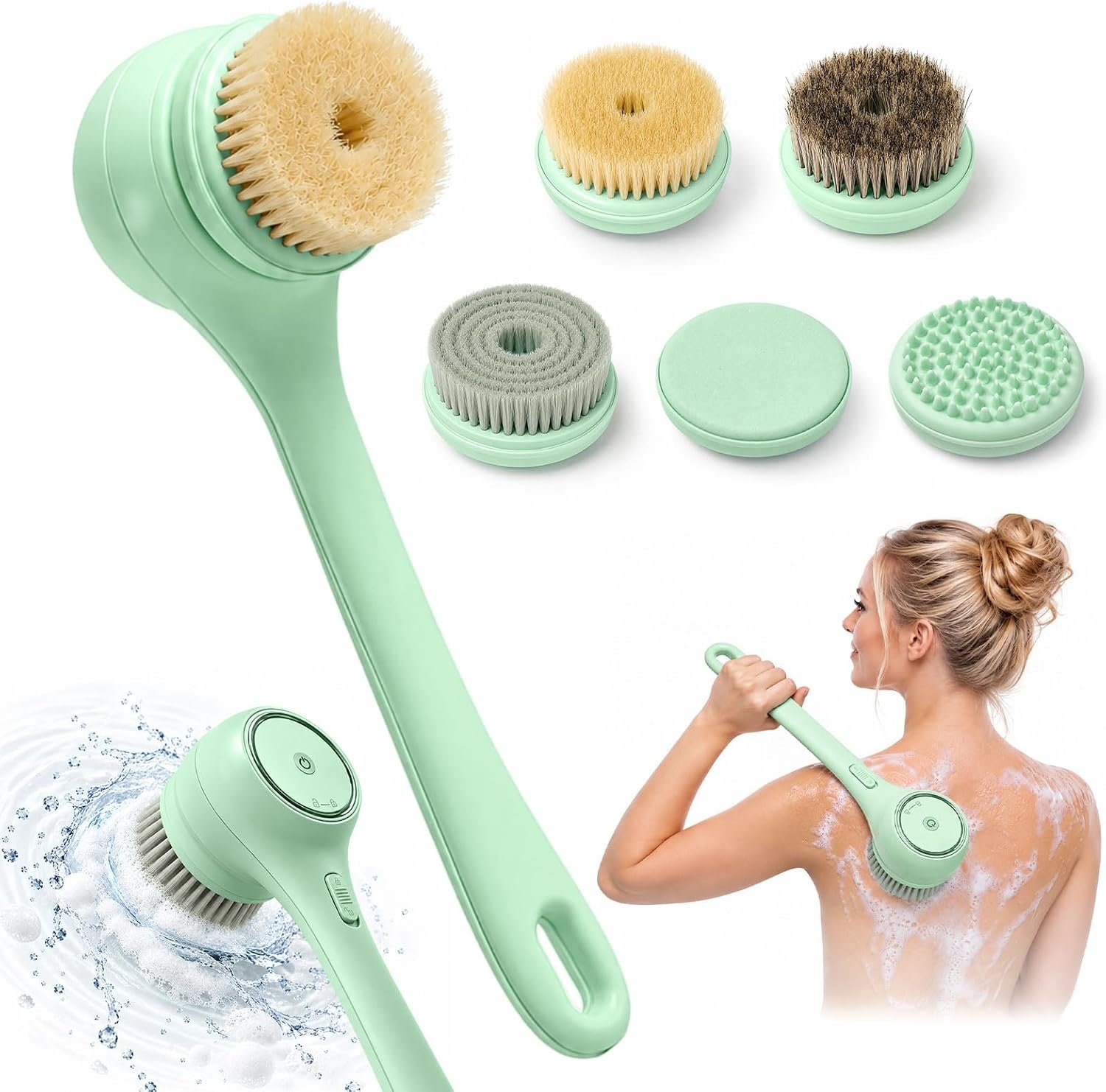 Electric Dry Brush, 5-in-1 Waterproof Body Scrubber with Handle