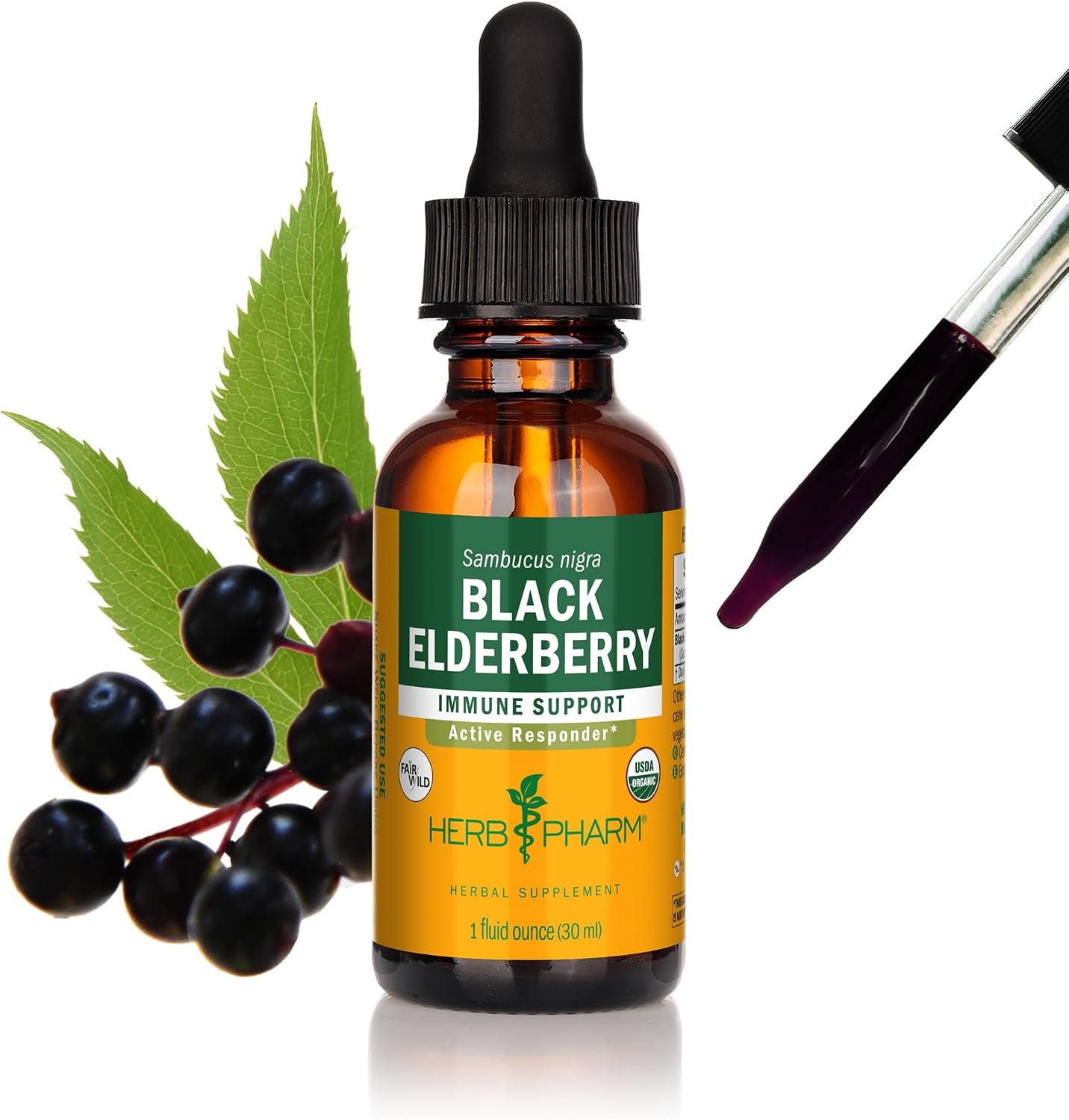 Herb Pharm Certified Organic Black Elderberry Liquid Extract Drops for Immune System Support, Organic Cane Alcohol, 1 Oz