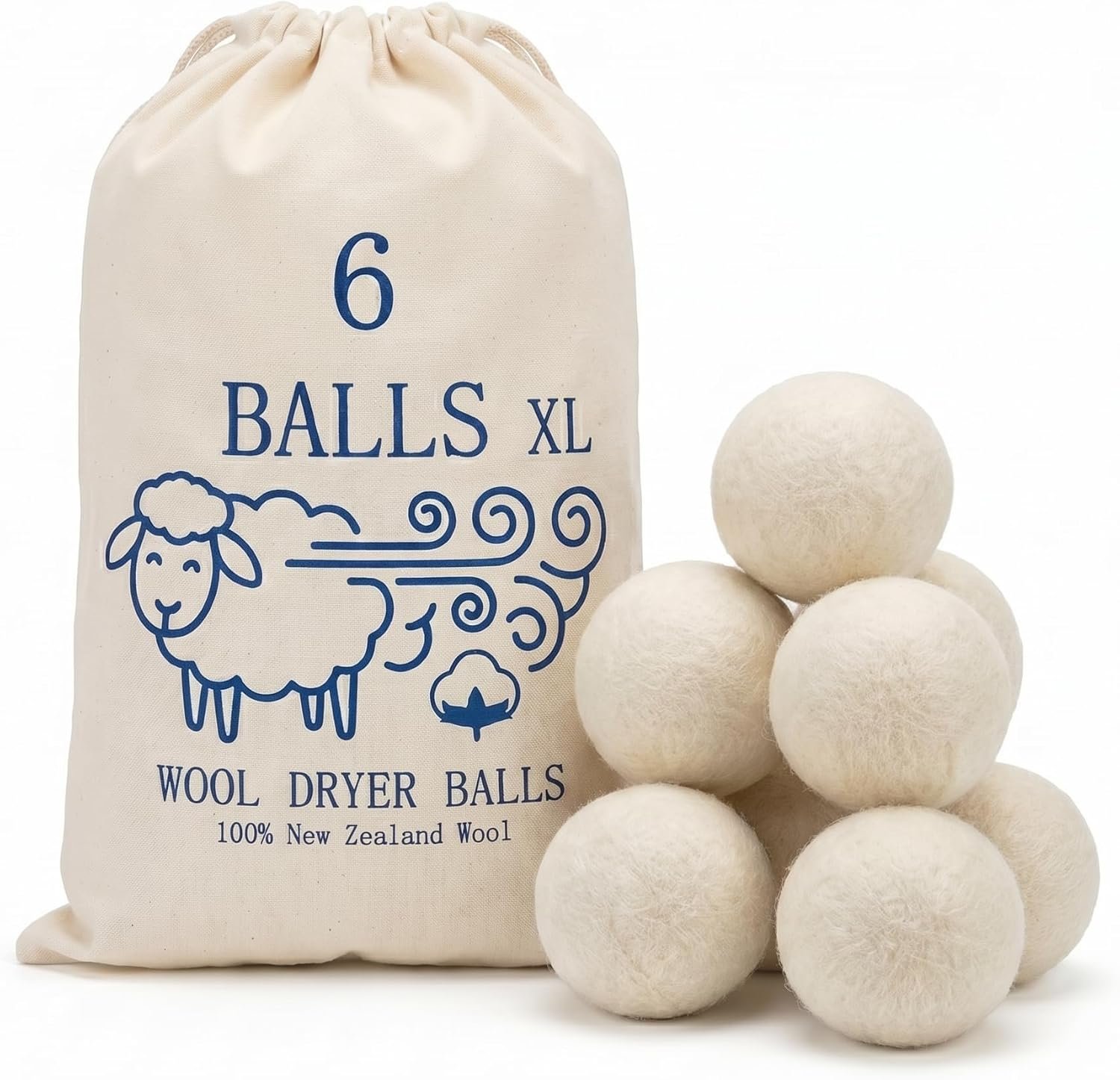 Premium XL Wool Dryer Balls 6 Pack – 100% Organic New Zealand Wool – Reusable Natural Fabric Softener – Reduces Wrinkles & Shortens Drying Time – XL Jumbo Size Set of 6