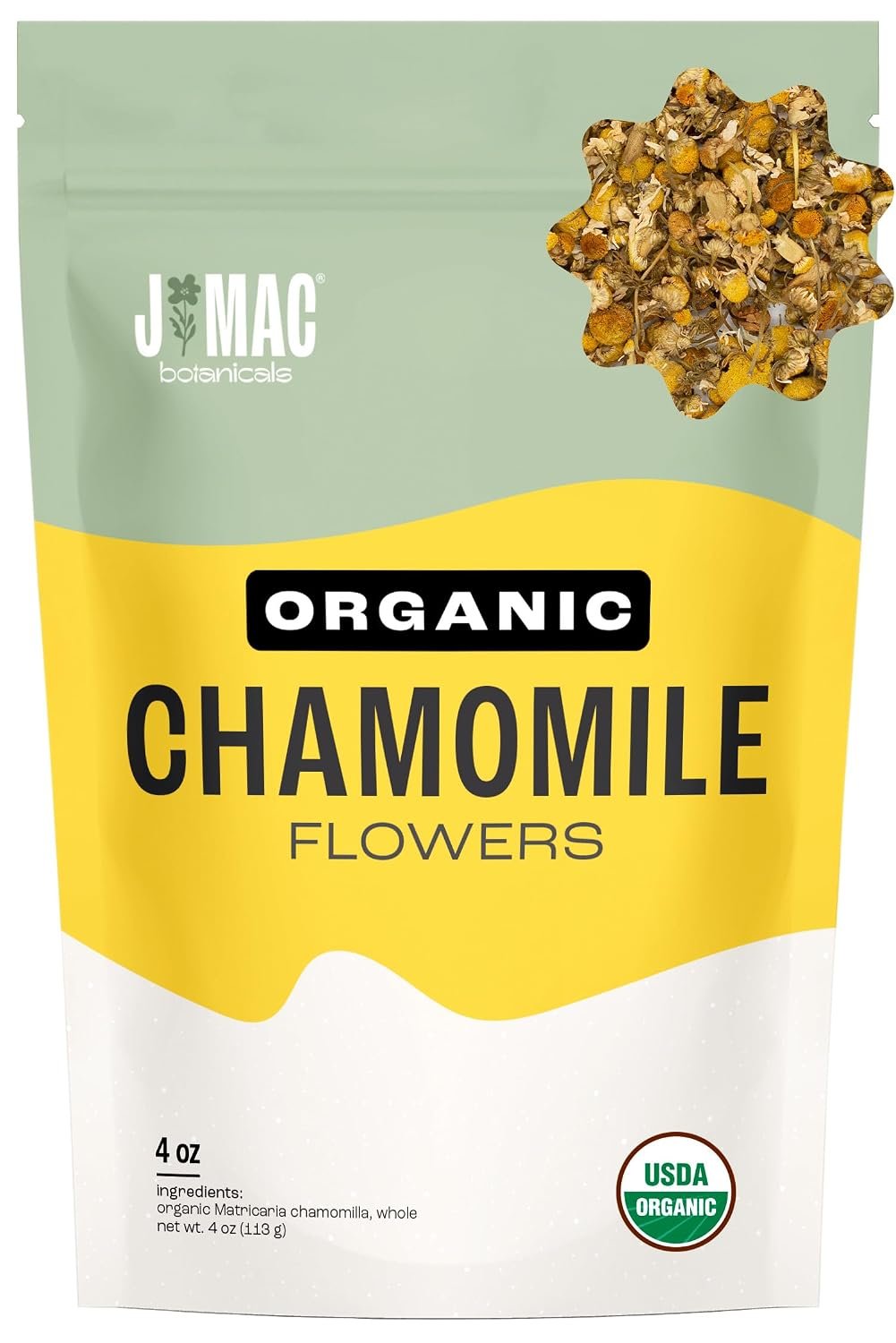 J Mac Botanicals Organic Chamomile Flowers (4 oz) – Whole Egyptian Chamomile Loose Leaf Herbal Tea, Caffeine-Free, Premium Dried Chamomile Flowers for Tea, Baths & Blends