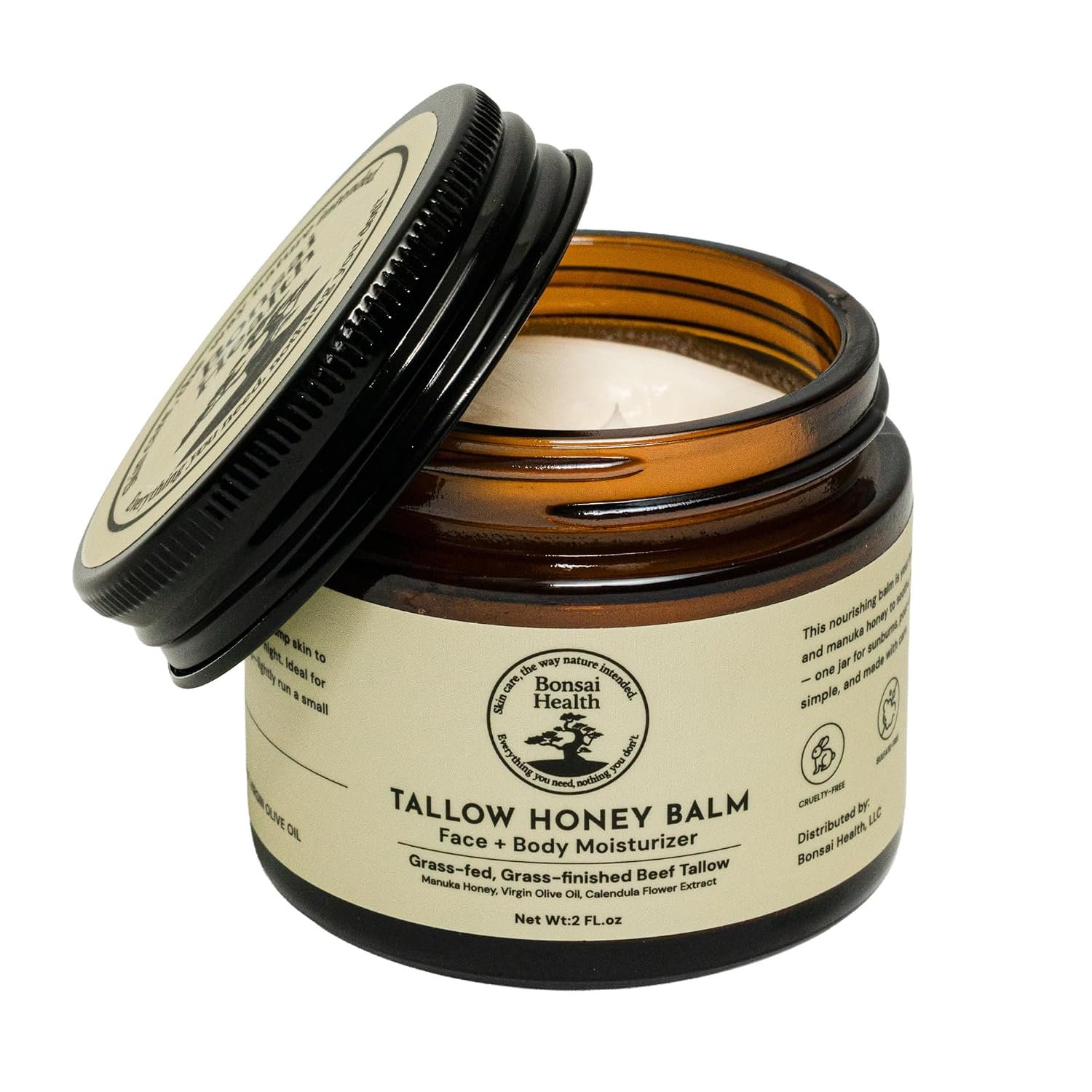 Beef Tallow Balm For Skin with Manuka Honey & Calendula, 100% Grass-Fed, Grass Finished, Tallow Moisturizer, Natural Hydrating Repair Cream for Dry, Sensitive, Irritated Skin, Wrinkle Care, 2oz