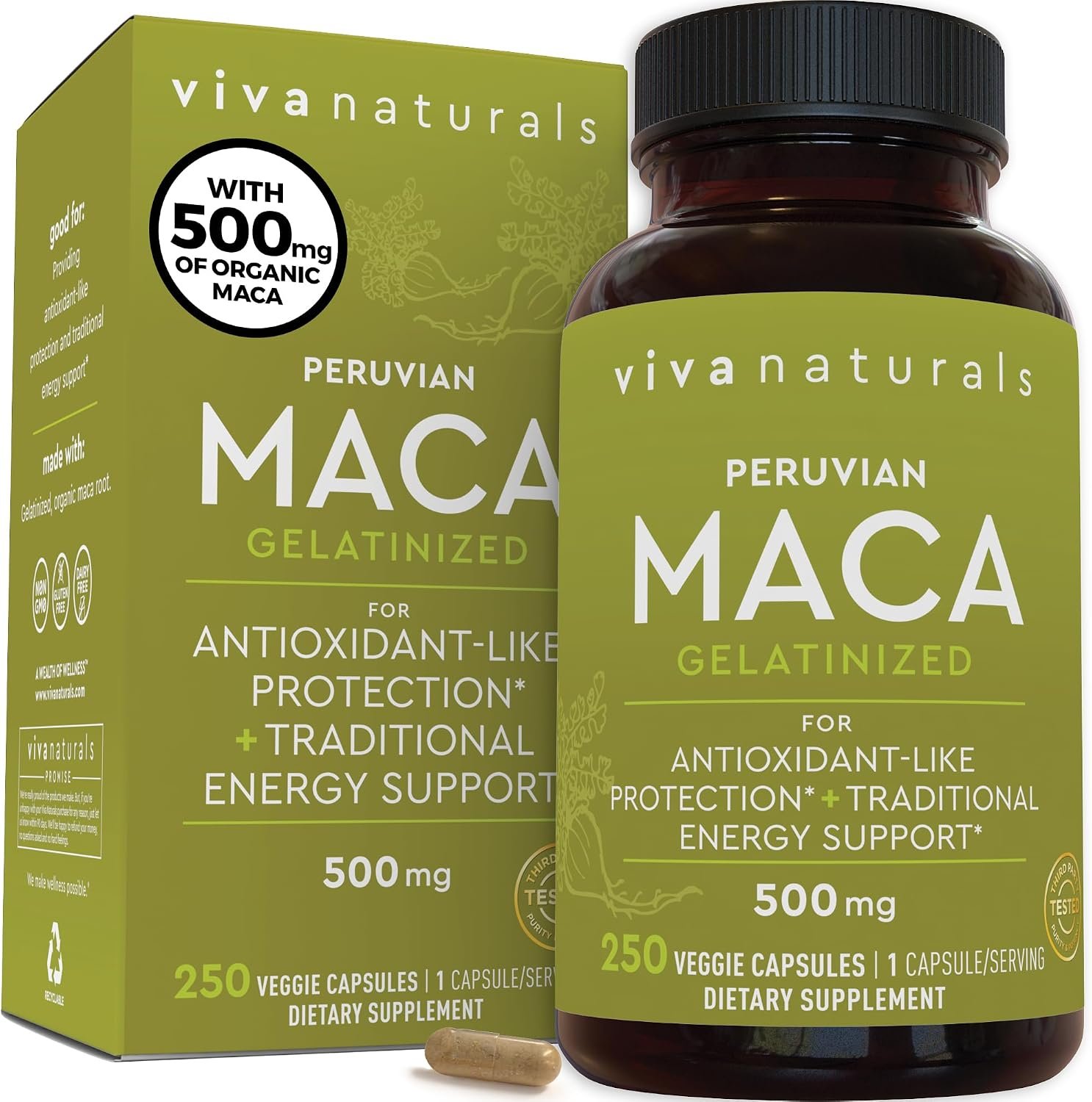Viva Naturals Peruvian Maca Root Supplement for Women & Men, 500mg – Traditionally Used for Energy, Stamina & Endurance – 250 Yellow Maca Root Powder Capsules, Gelatinized for Easier Digestion