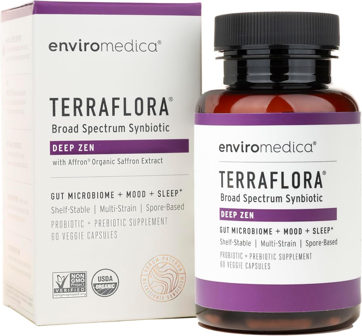 Enviromedica Terraflora Deep Zen Synbiotic – Spore Based Probiotics and Prebiotics for Gut Health & Mood Support, Organic Soil Based Probiotic Supplement for Men and Women 60 Capsules