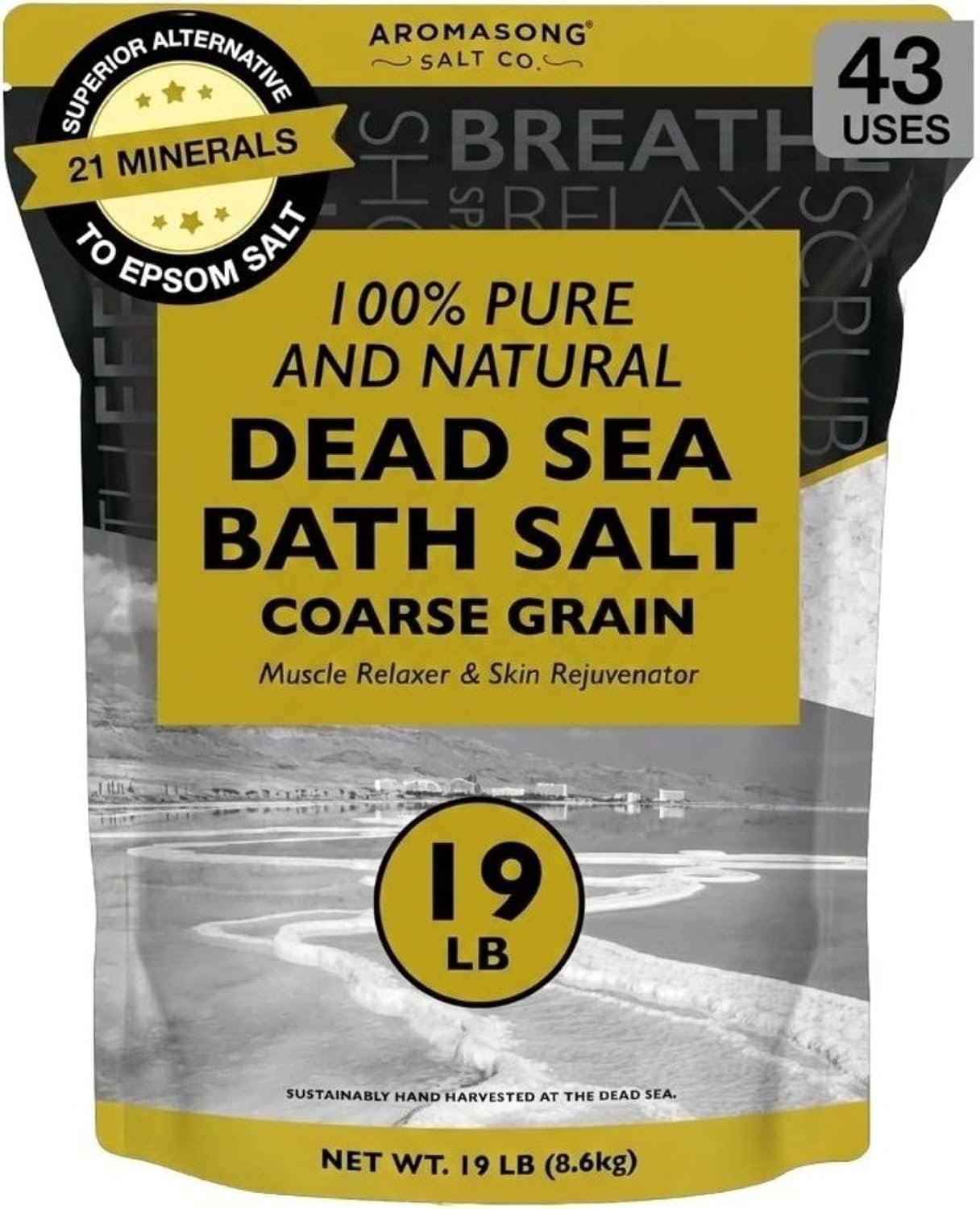 Aromasong Dead Sea Bath Salt – 100% Pure & Natural Dead Sea Salts for Soaking Coarse Grain 19 LB – Bulk Resealable Pack (Packaging May Vary) Used for Body wash Scrub – Soak for Women & Men.