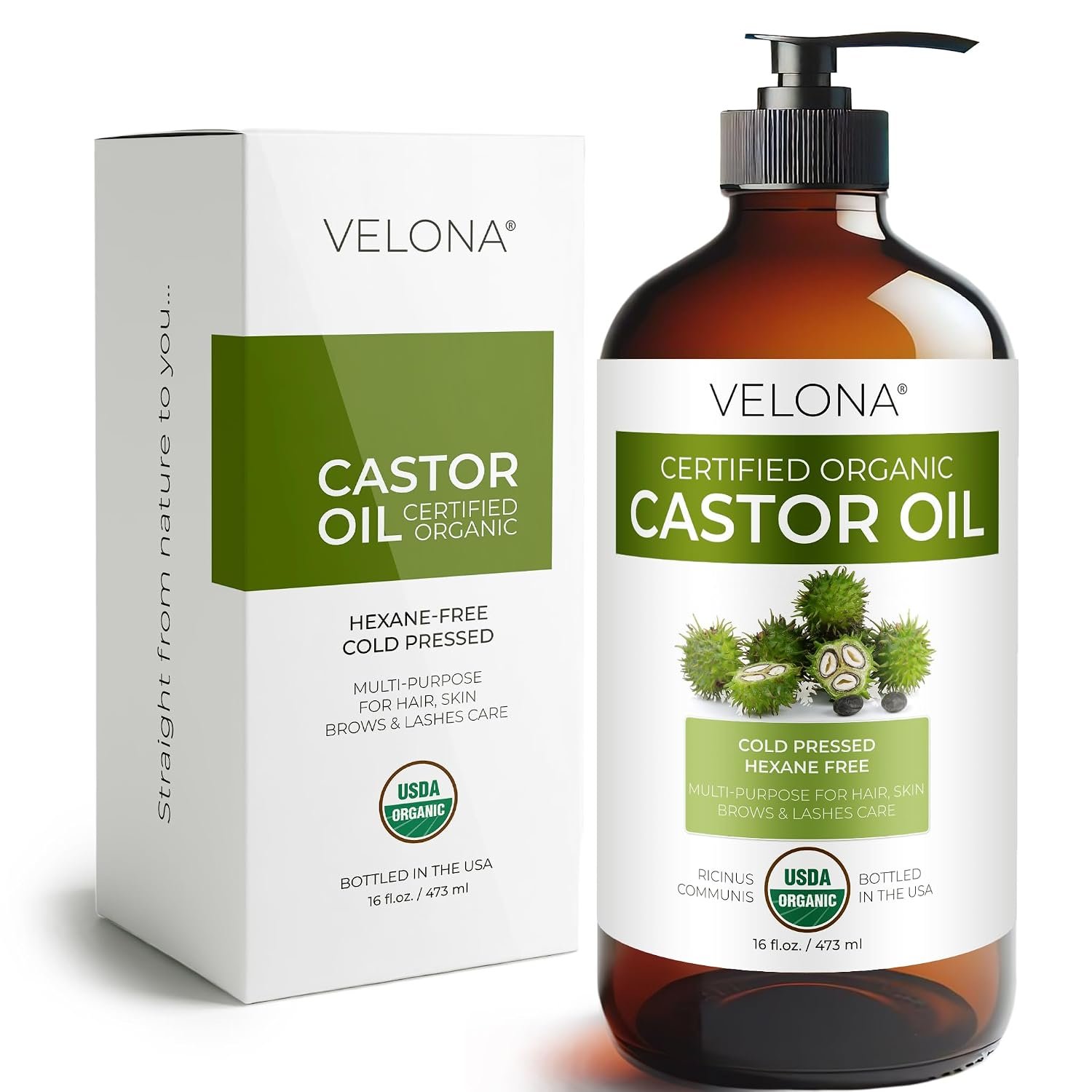 velona USDA Organic Castor Oil – 16 fl oz Glass Bottle, Cold Pressed, Pump